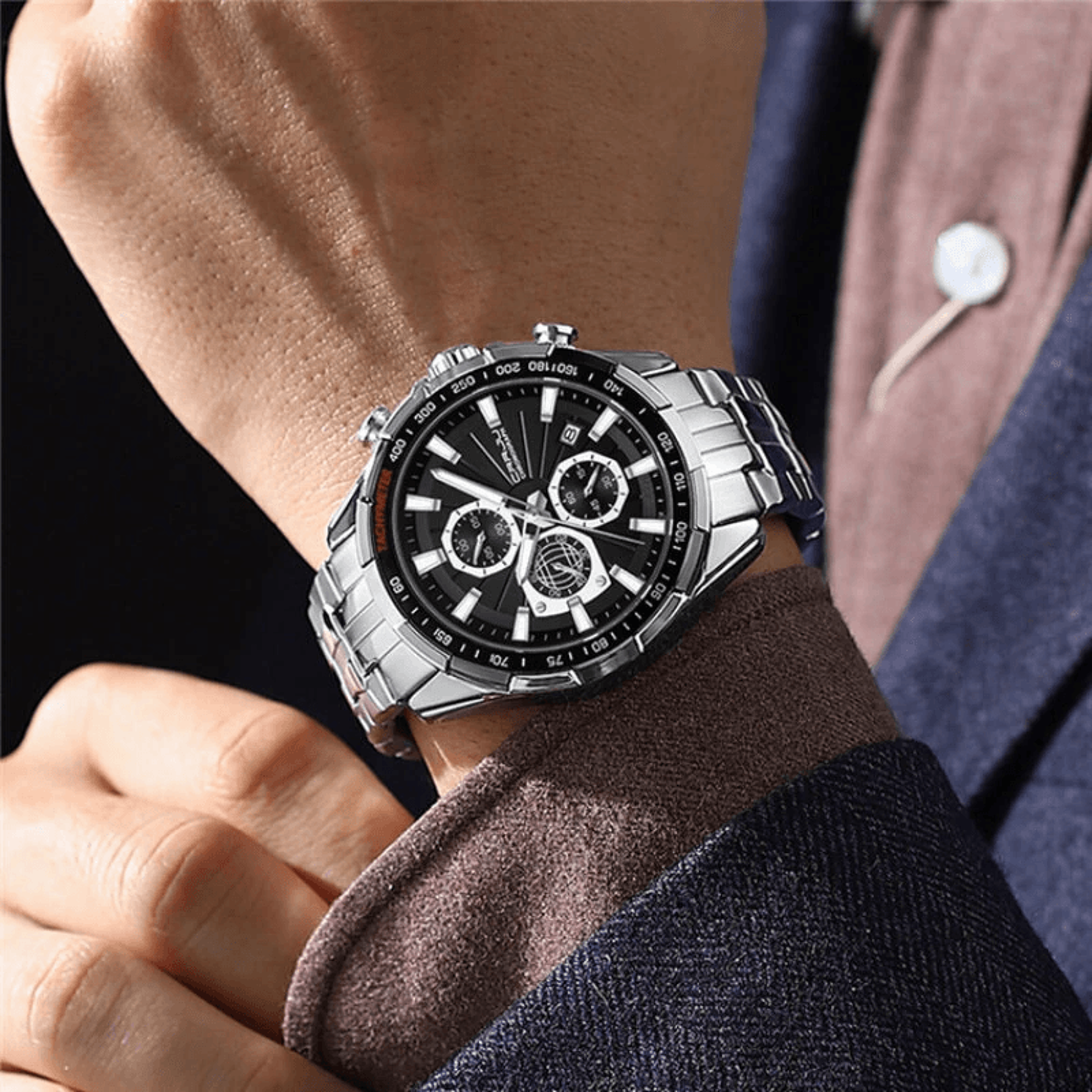mens stainless steel chronograph watch waterproof quartz business wristwatch