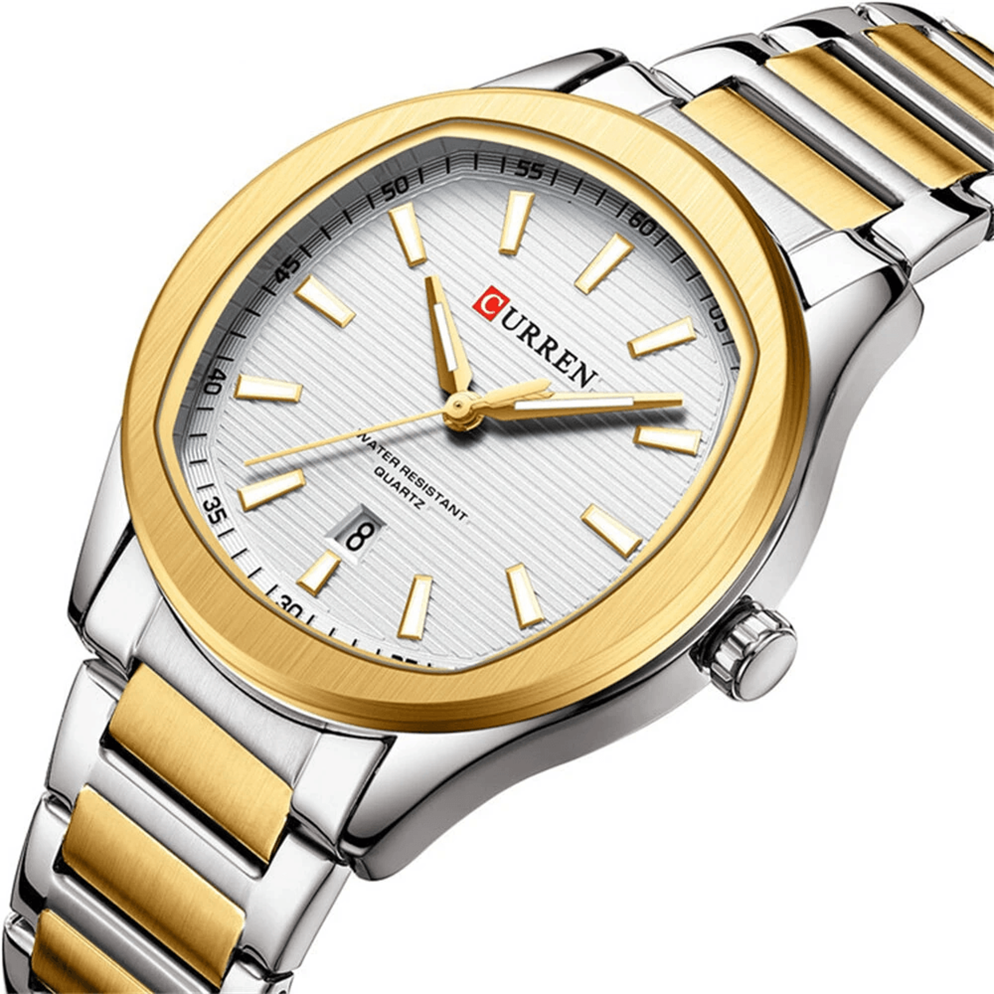 mens waterproof quartz watch with stainless steel band and calendar