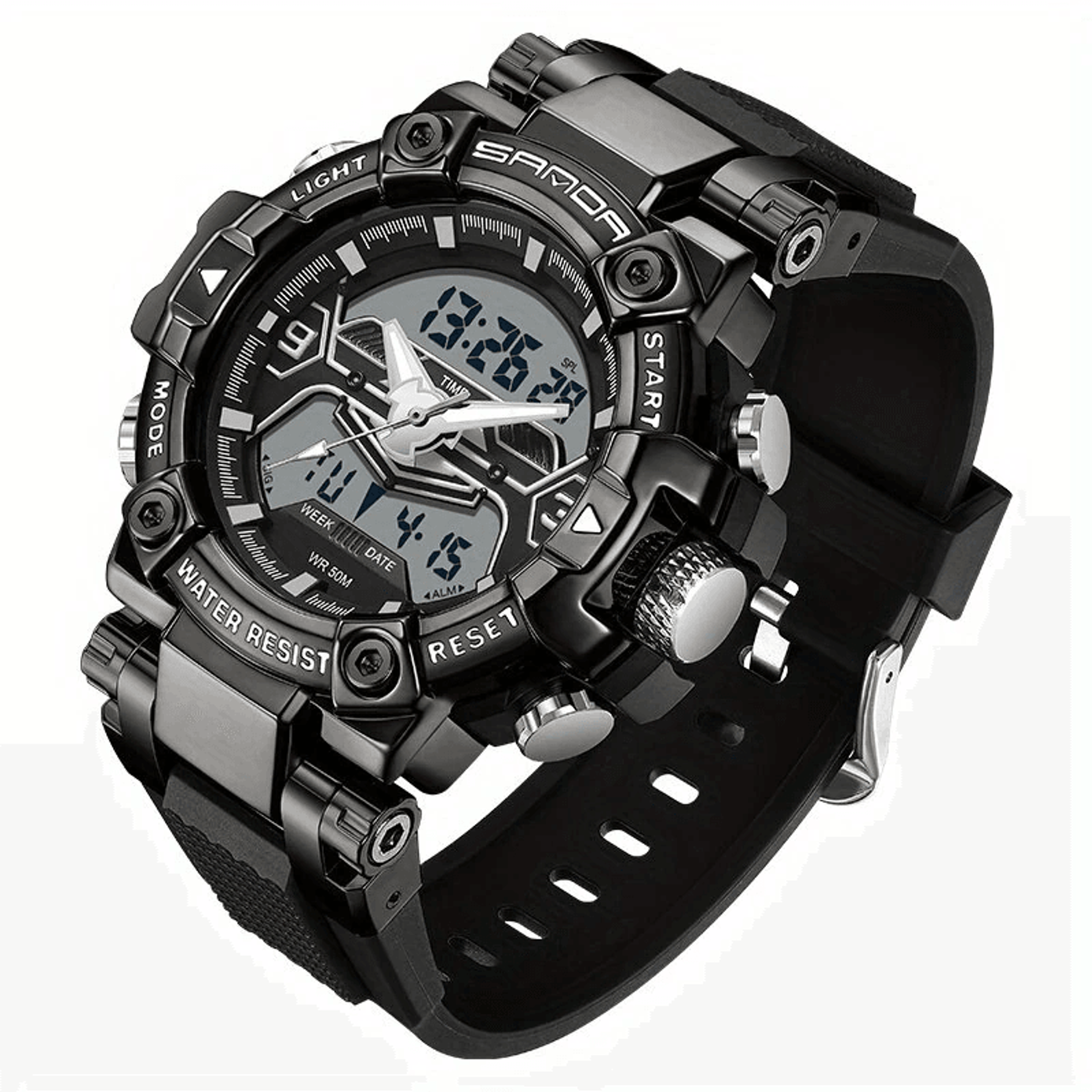 rugged men's digital sports watch with luminous display alarm and shock resistant design