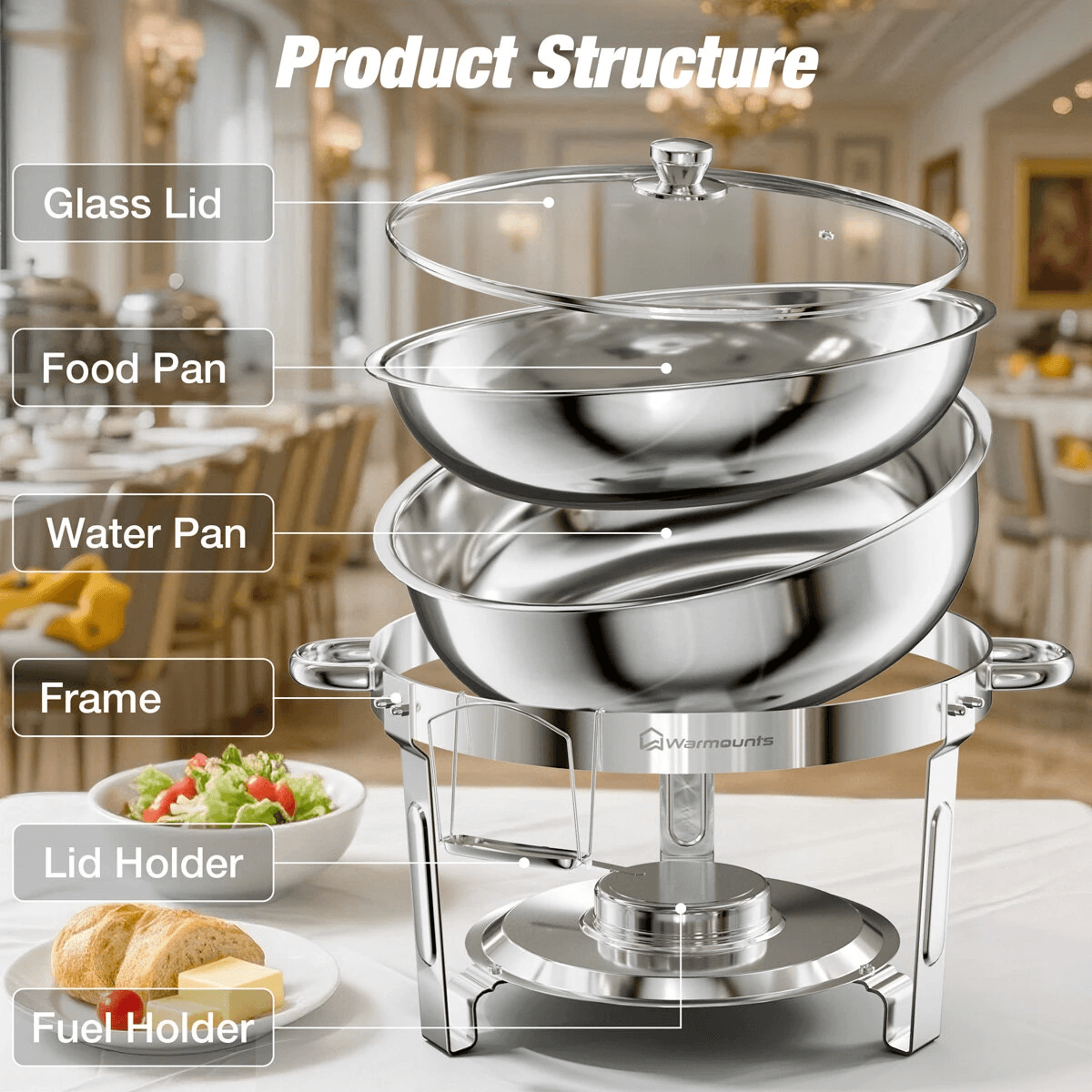 Round Chafing Dish Buffet Set With Glass Lids Pack Stainless Steel Food Warmers 1