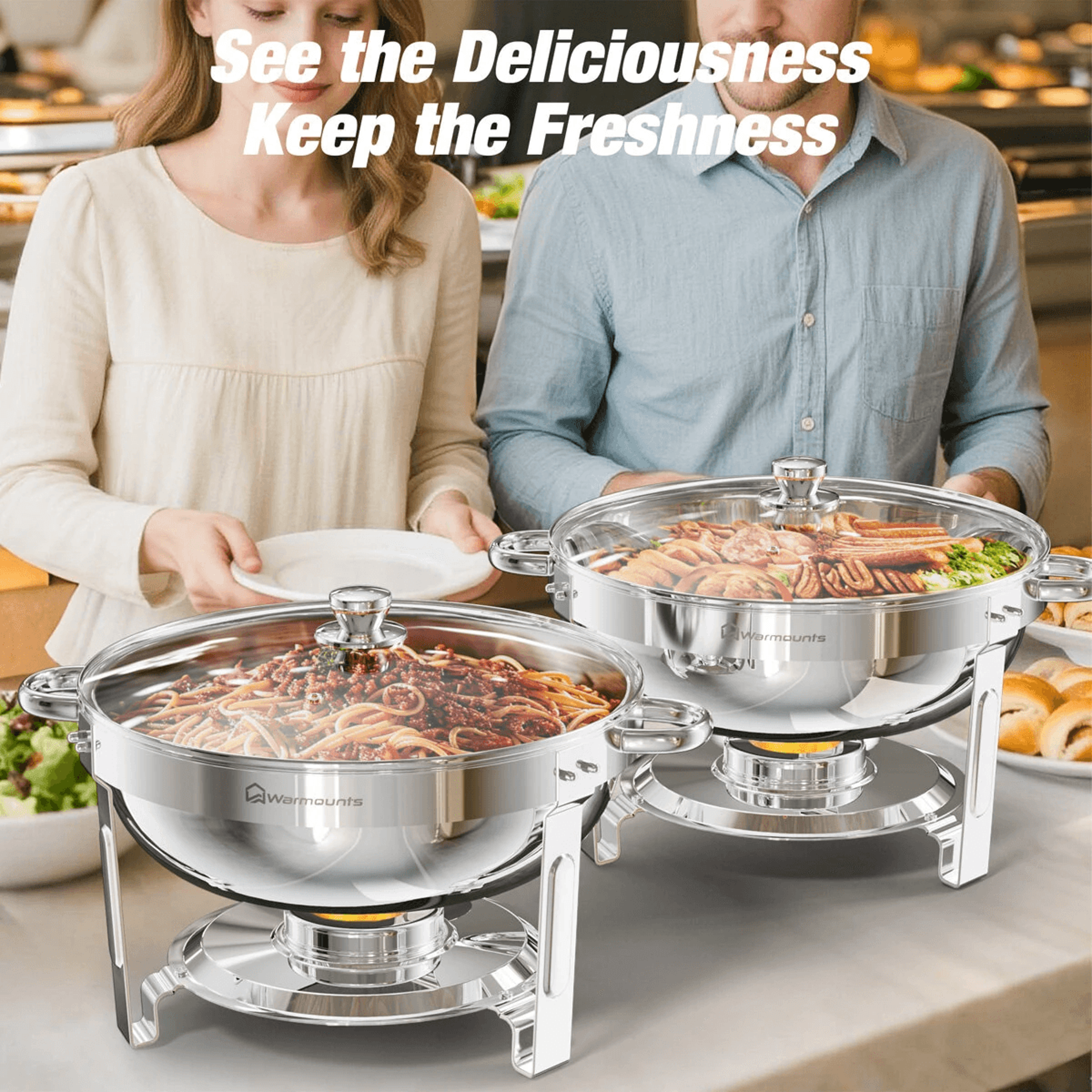 Round Chafing Dish Buffet Set With Glass Lids Pack Stainless Steel Food Warmers 5