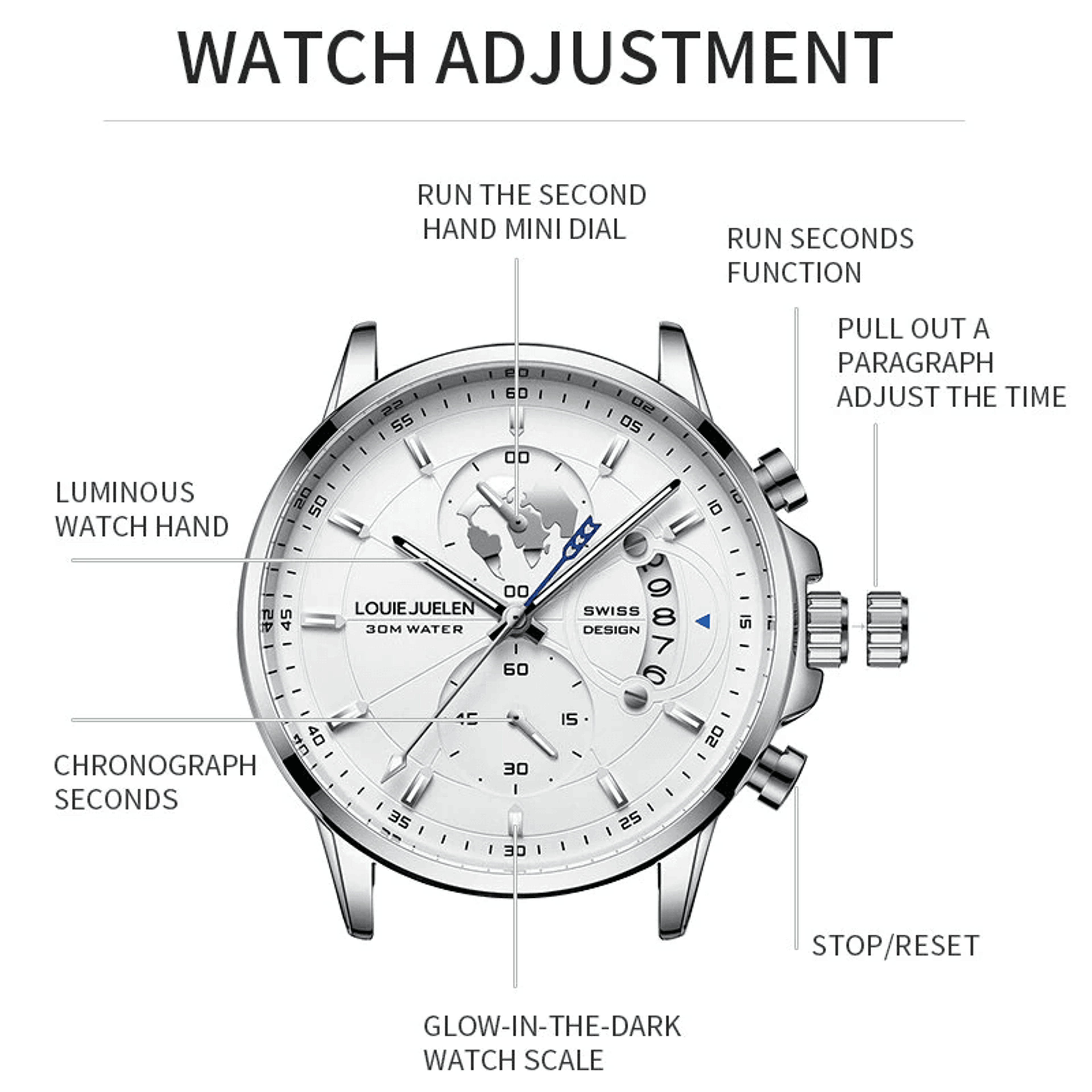 Mens Chronograph Quartz Watch With Leather Band Luminous Display And Date 3