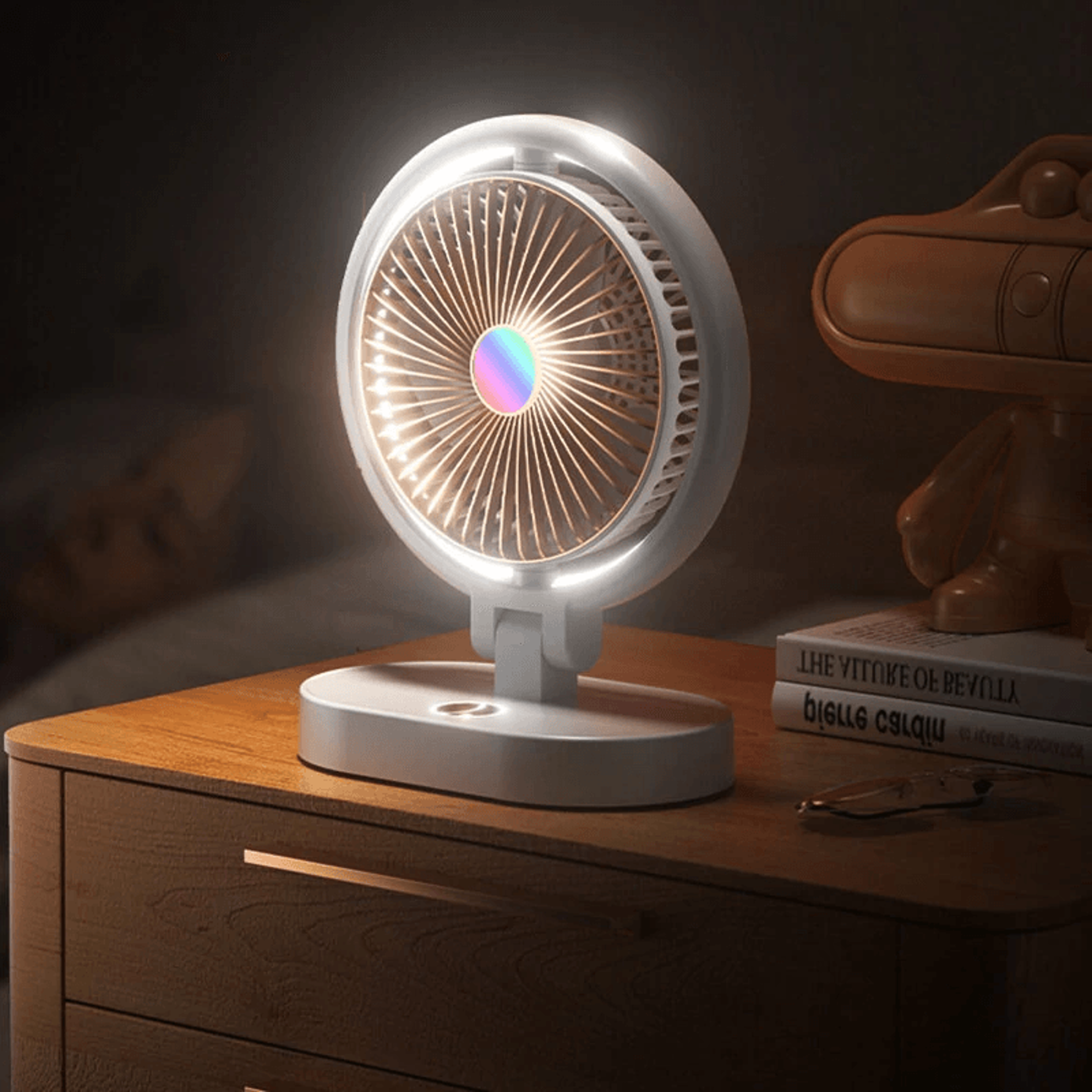 Portable Folding Desk Fan With USB Charging Quiet Three Speed Cooling And LED Night Light 1