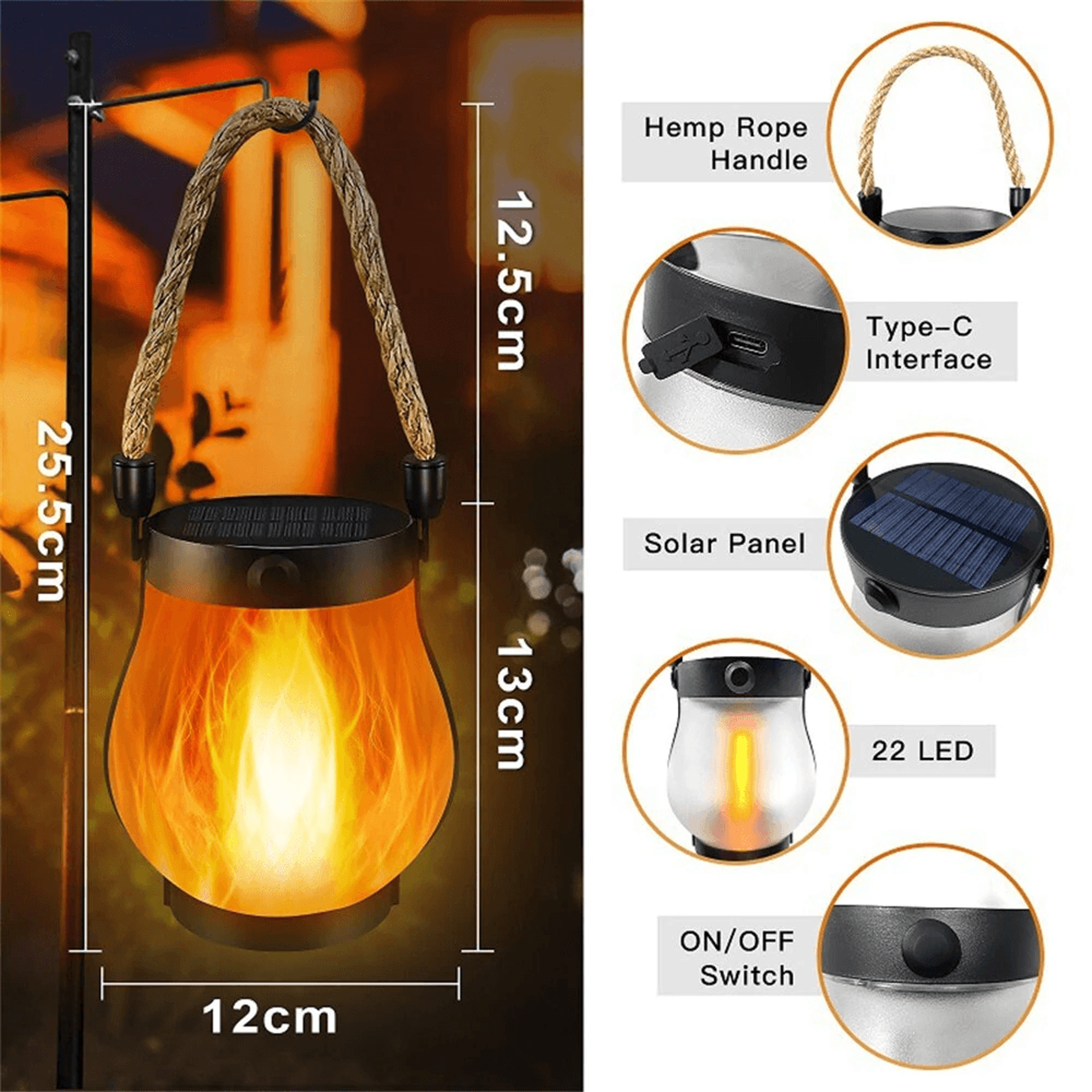 Solar Flame Lantern USB Rechargeable Waterproof Camping And Garden Light 8