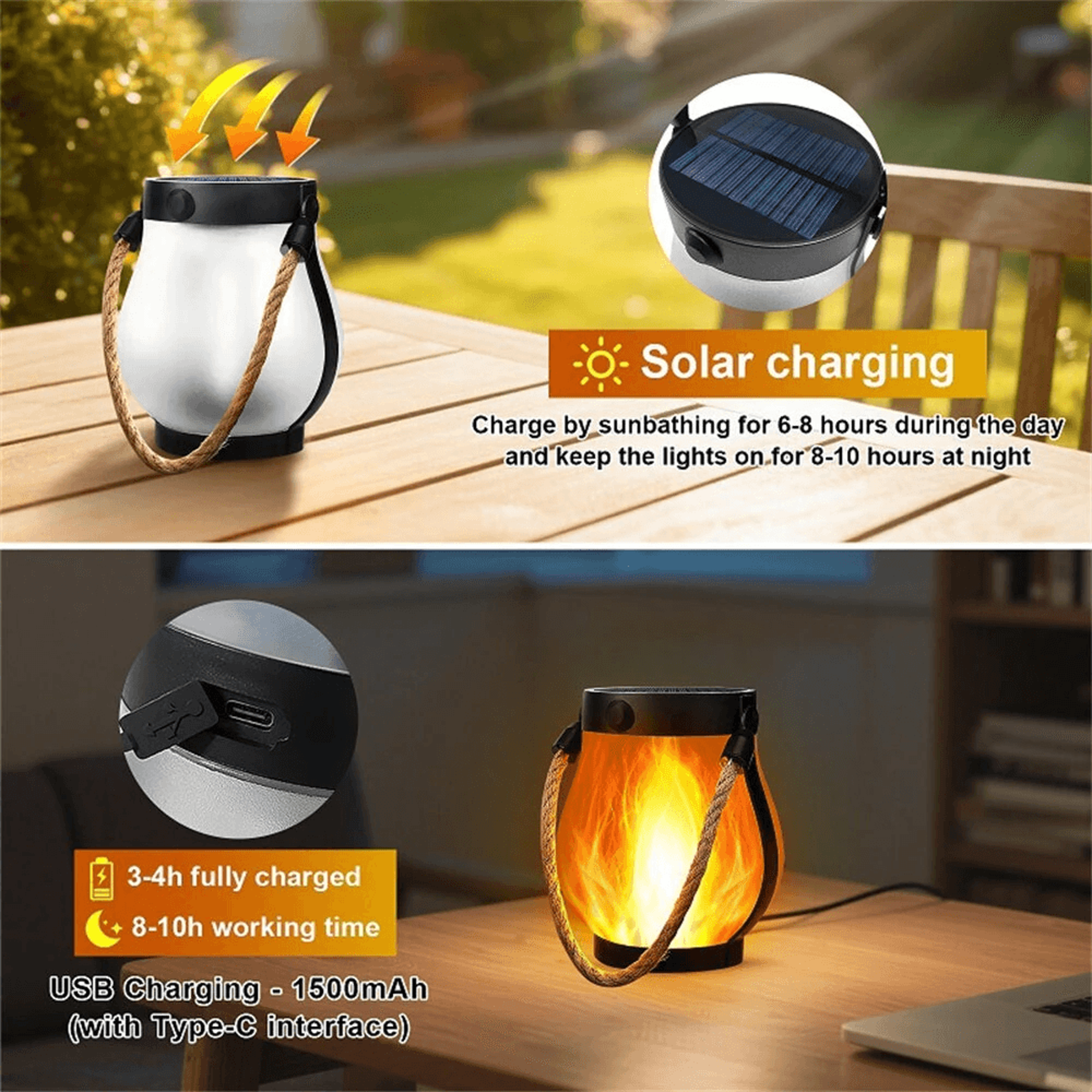Solar Flame Lantern USB Rechargeable Waterproof Camping And Garden Light 5