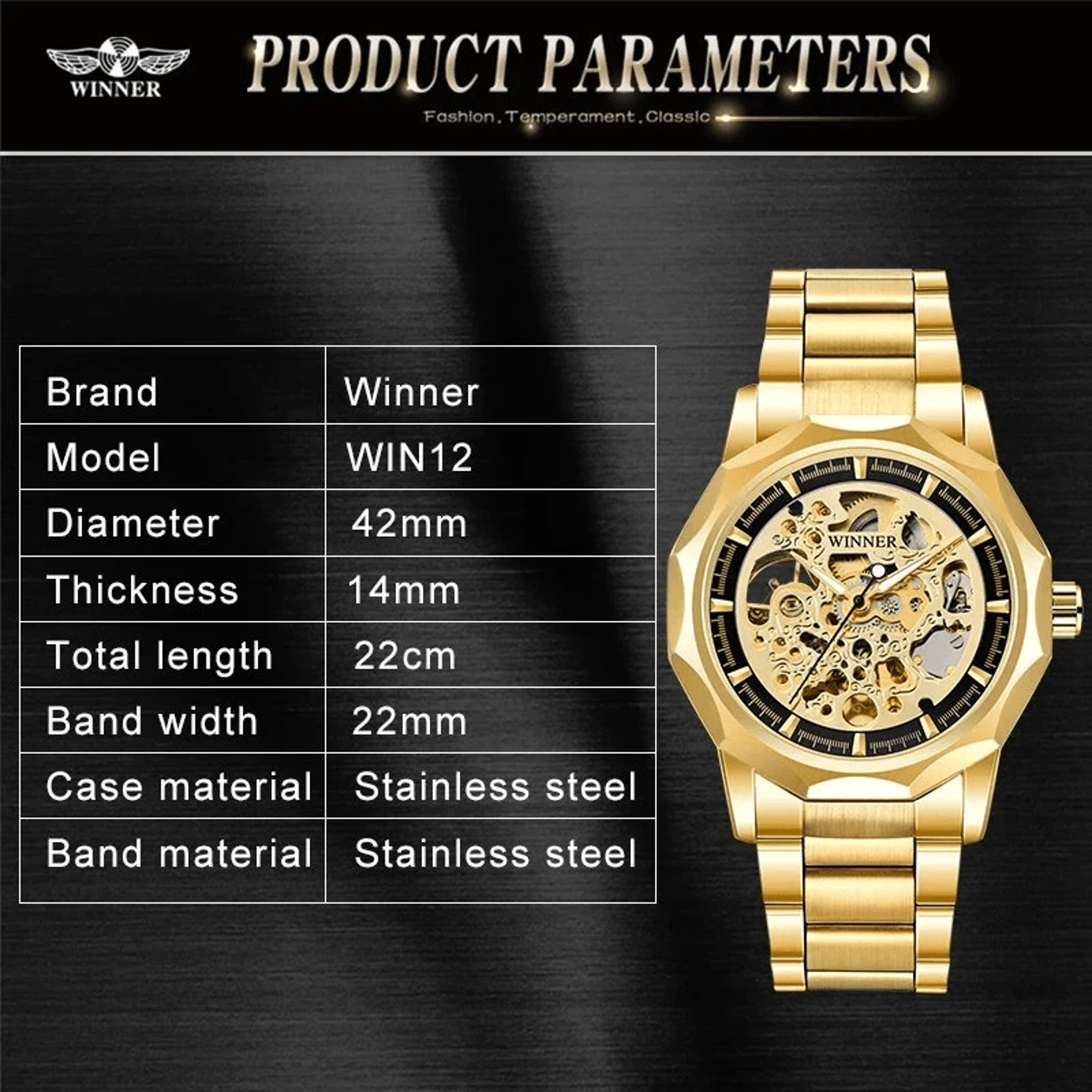 Automatic Skeleton Mechanical Watch For Men With Gold Steel Band And Retro Dial 7