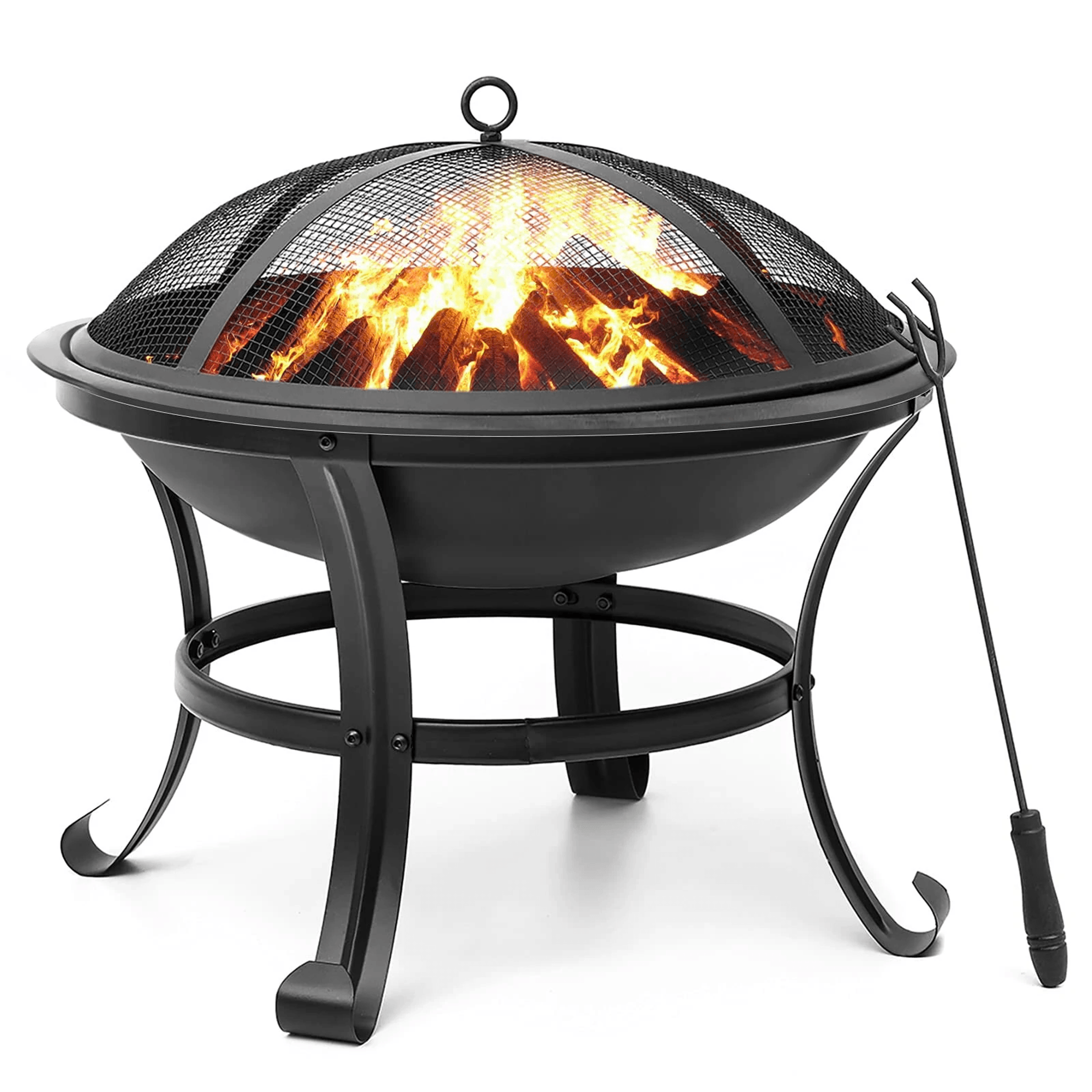 outdoor wood burning fire pit with steel bowl spark screen and poker