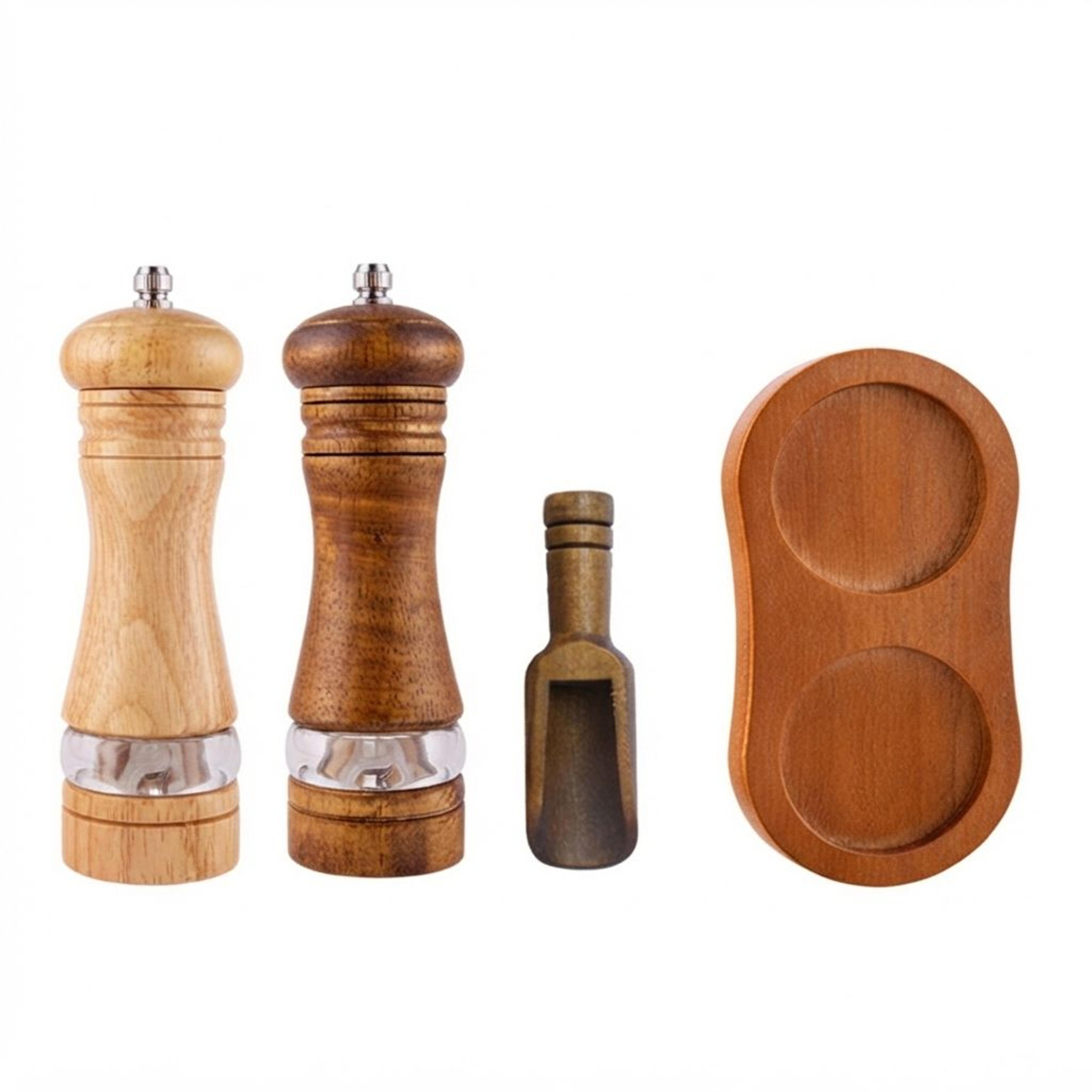 acacia wood salt and pepper grinder with adjustable ceramic core and serving tray