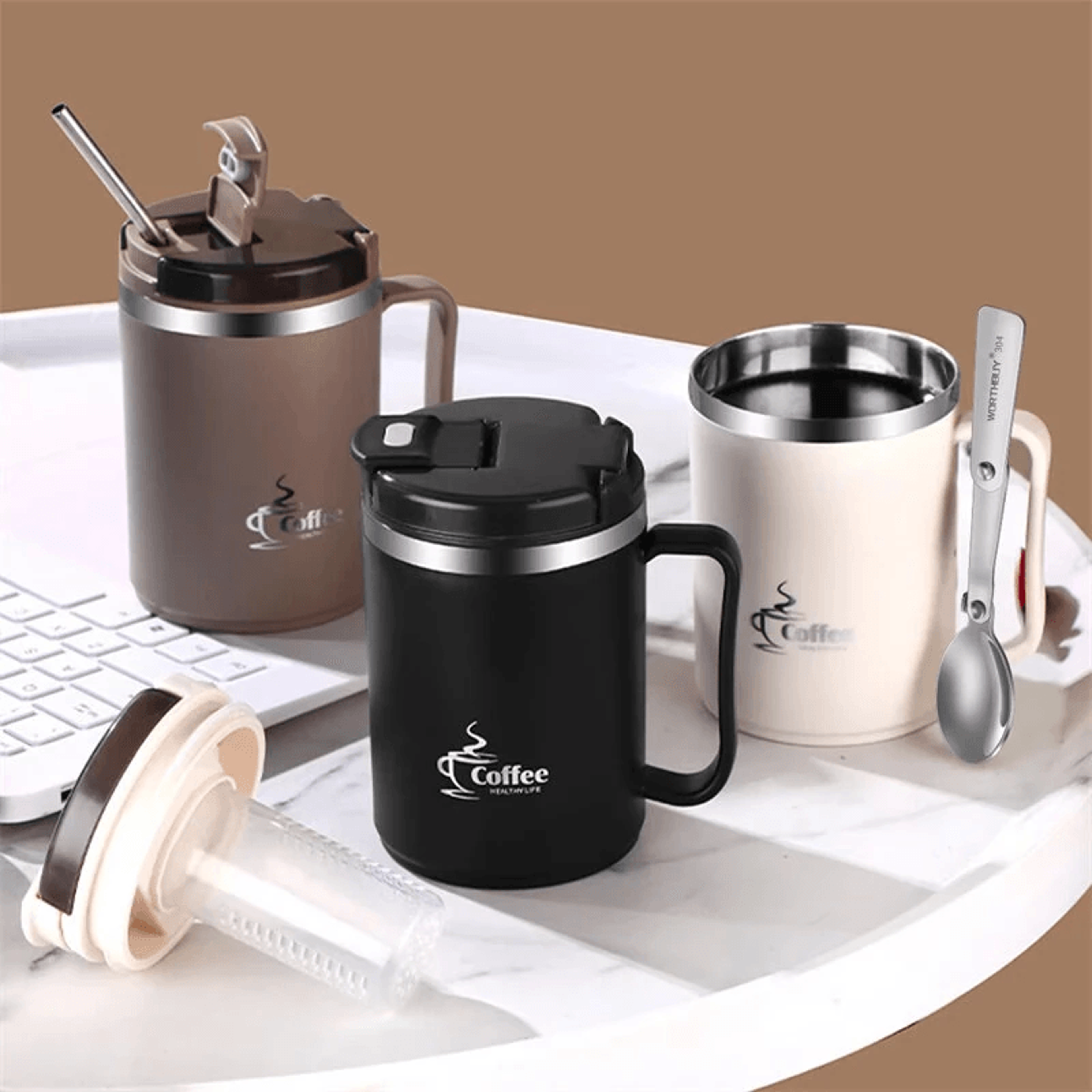stainless steel office water cup with tea strainer and double layer insulation