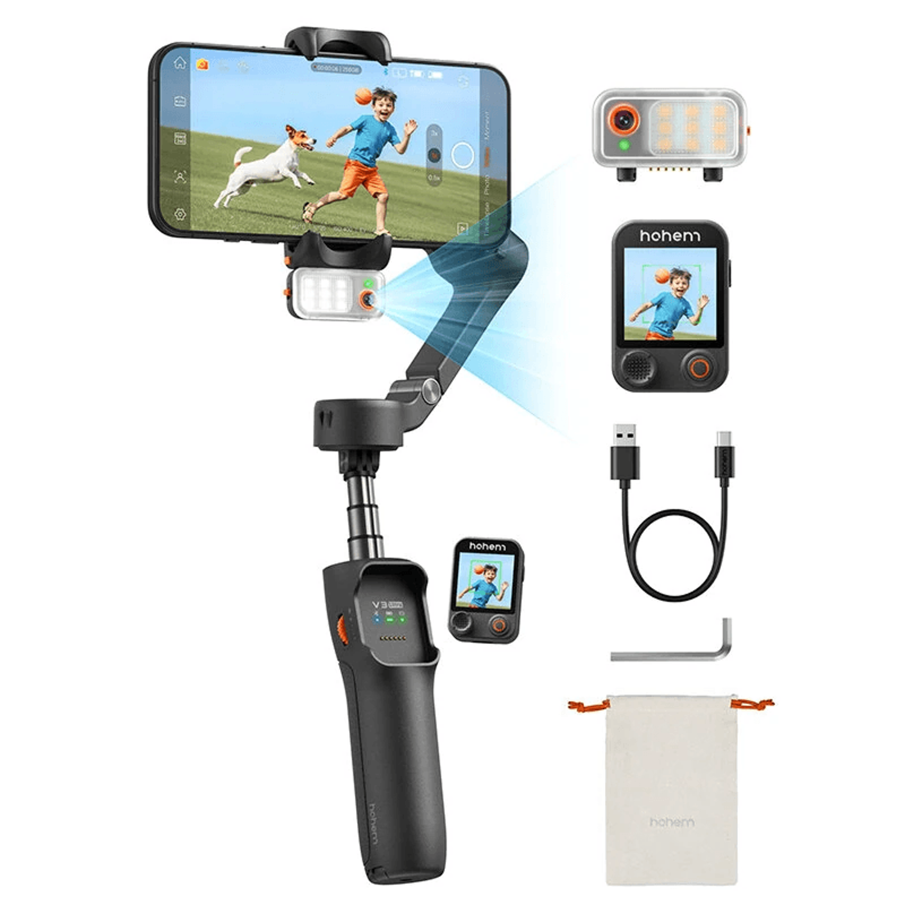 ai tracking phone gimbal stabilizer with touchscreen remote and fill light