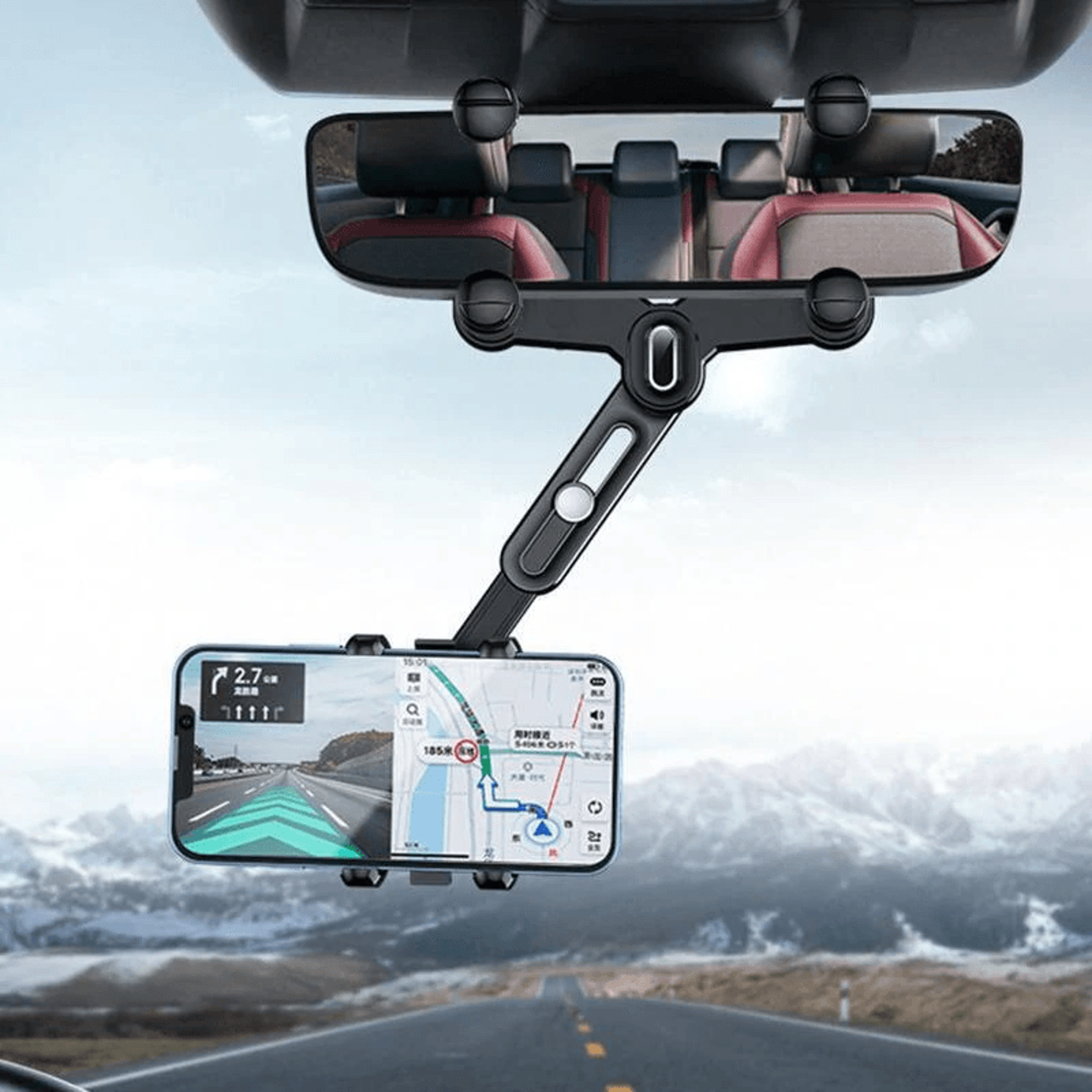 black extendable rotating car rearview mirror phone mount