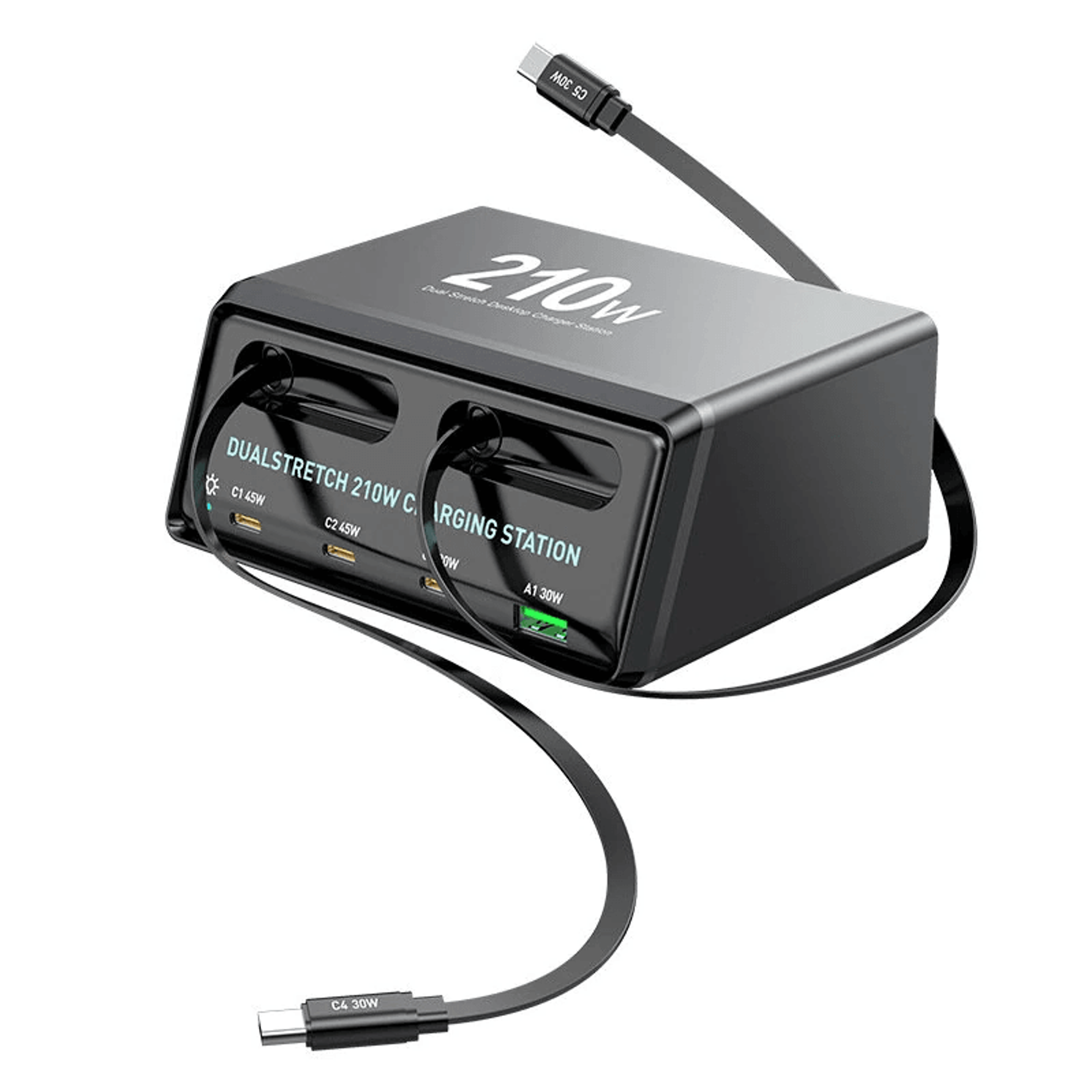 gan port desktop charging station with dual retractable usb c cables