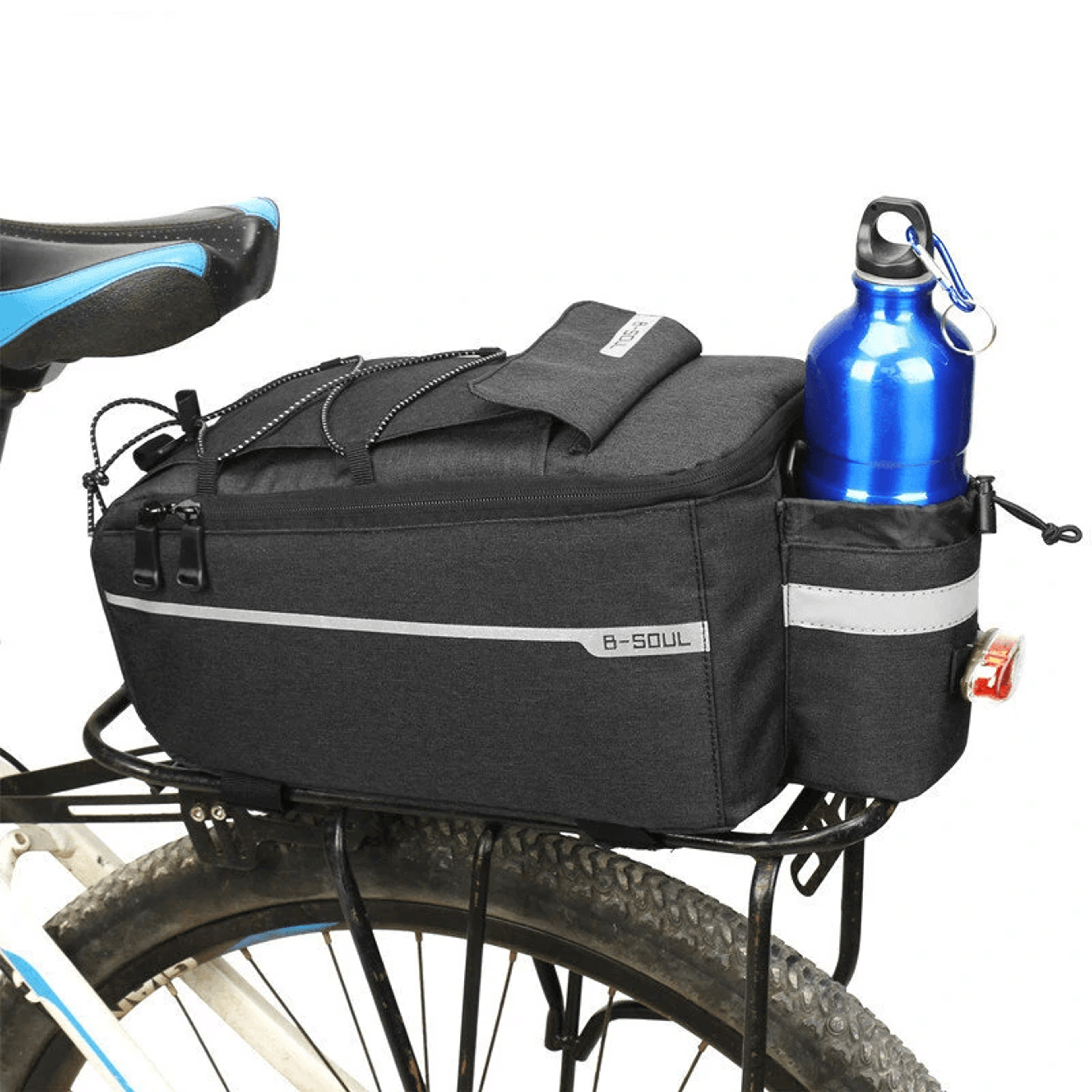 bicycle rear seat bag with reflective strip and shoulder strap
