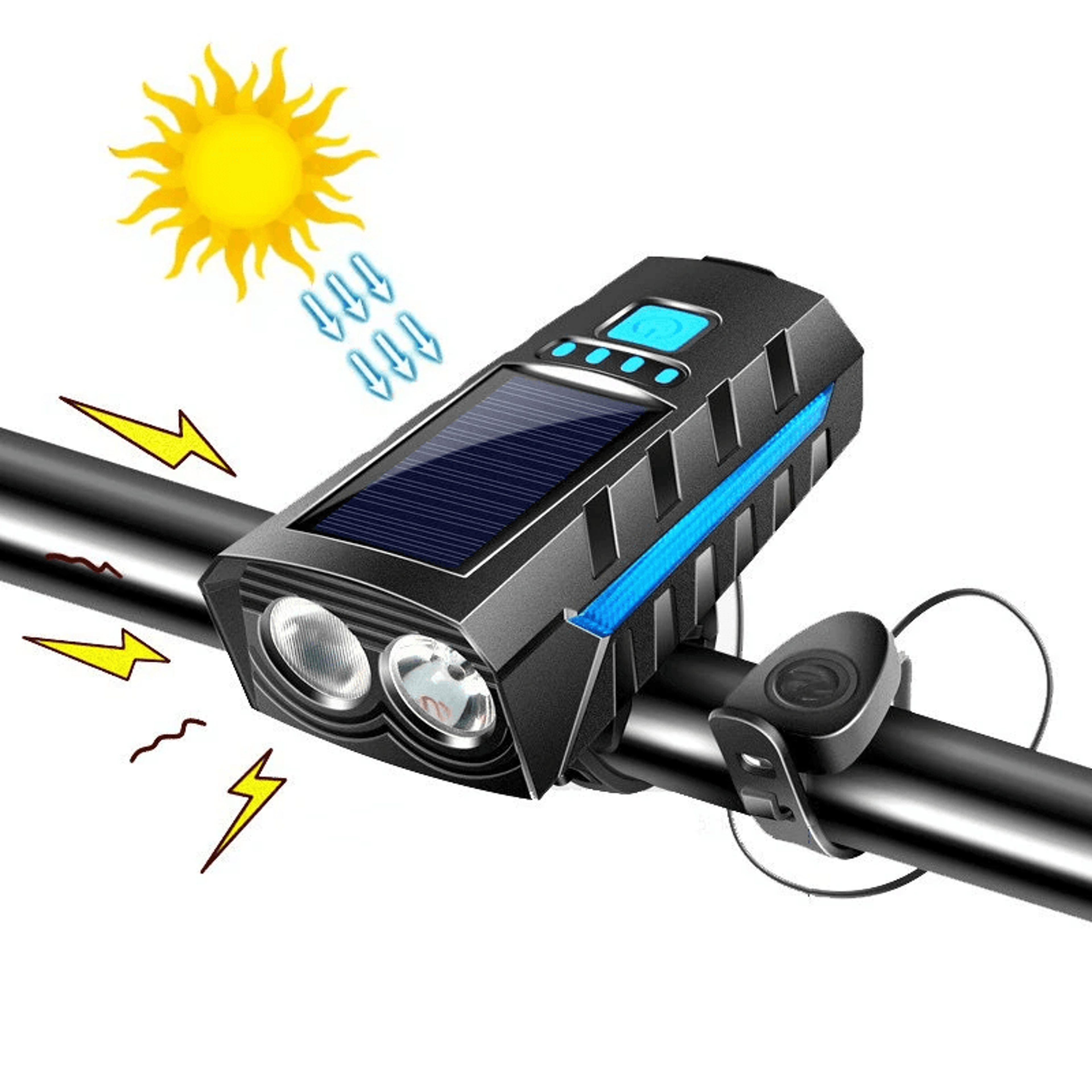 solar rechargeable bike headlight with horn and power bank