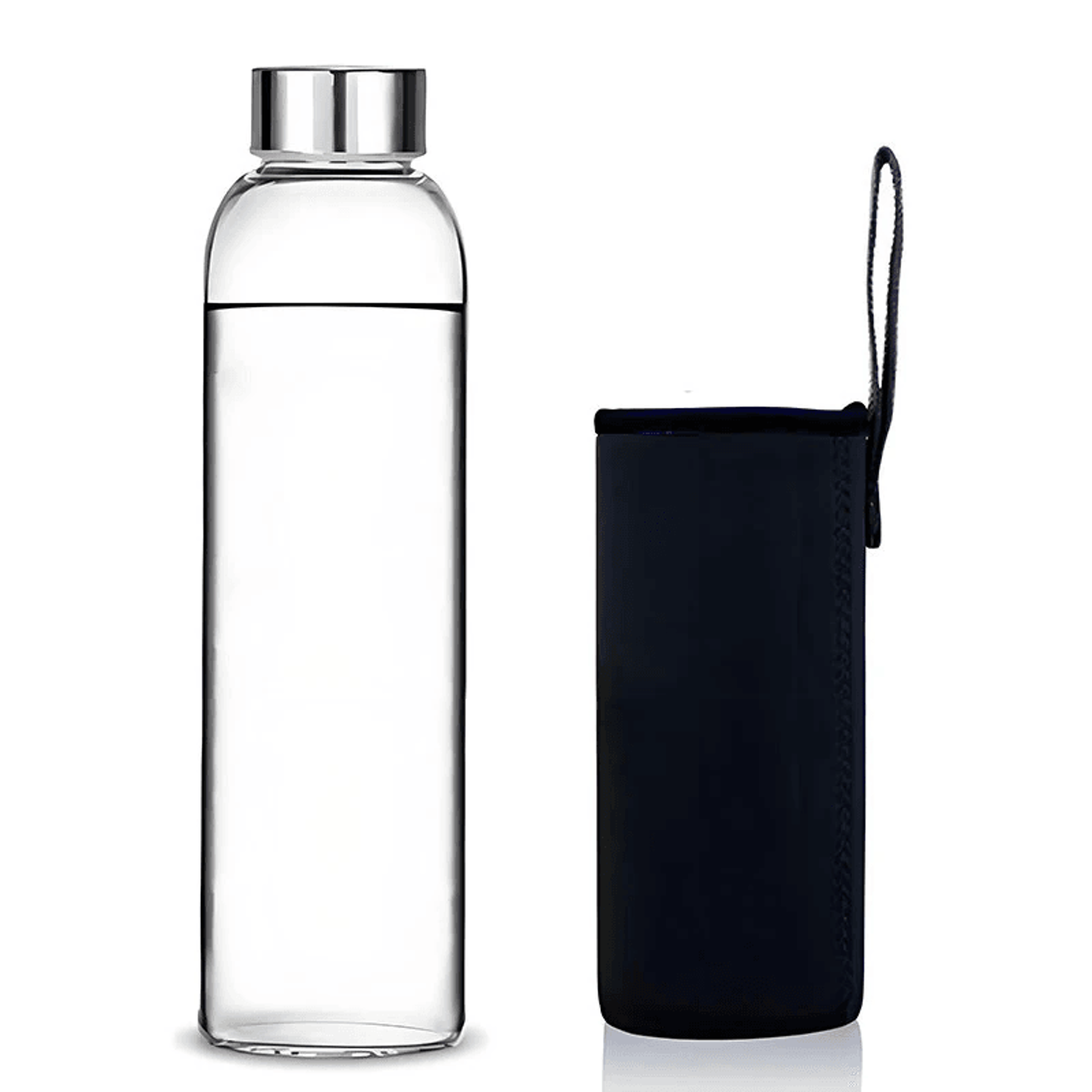 glass water bottle with neoprene sleeve and leak proof stainless steel cap