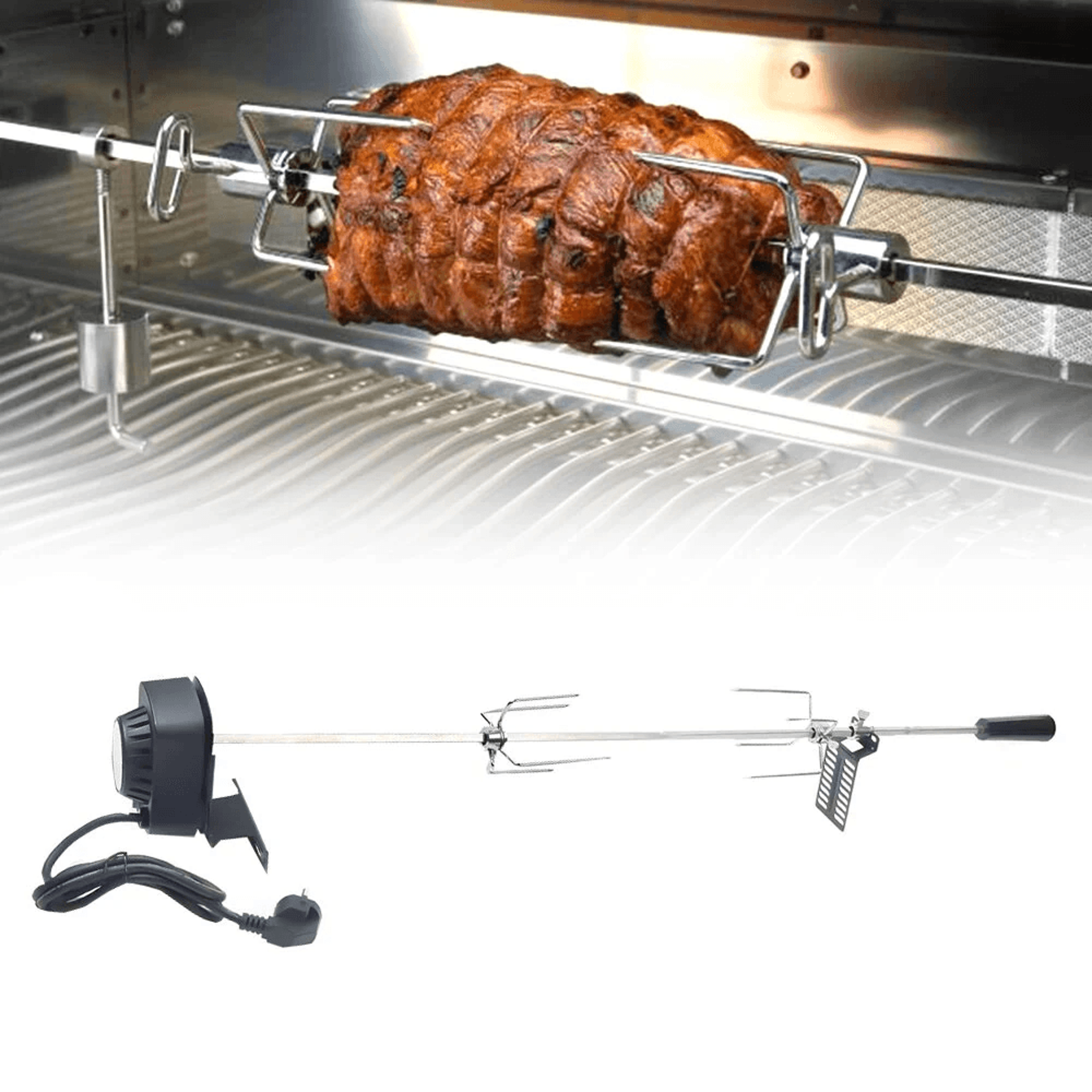 electric rotisserie grill kit with chrome plated skewers and capacity