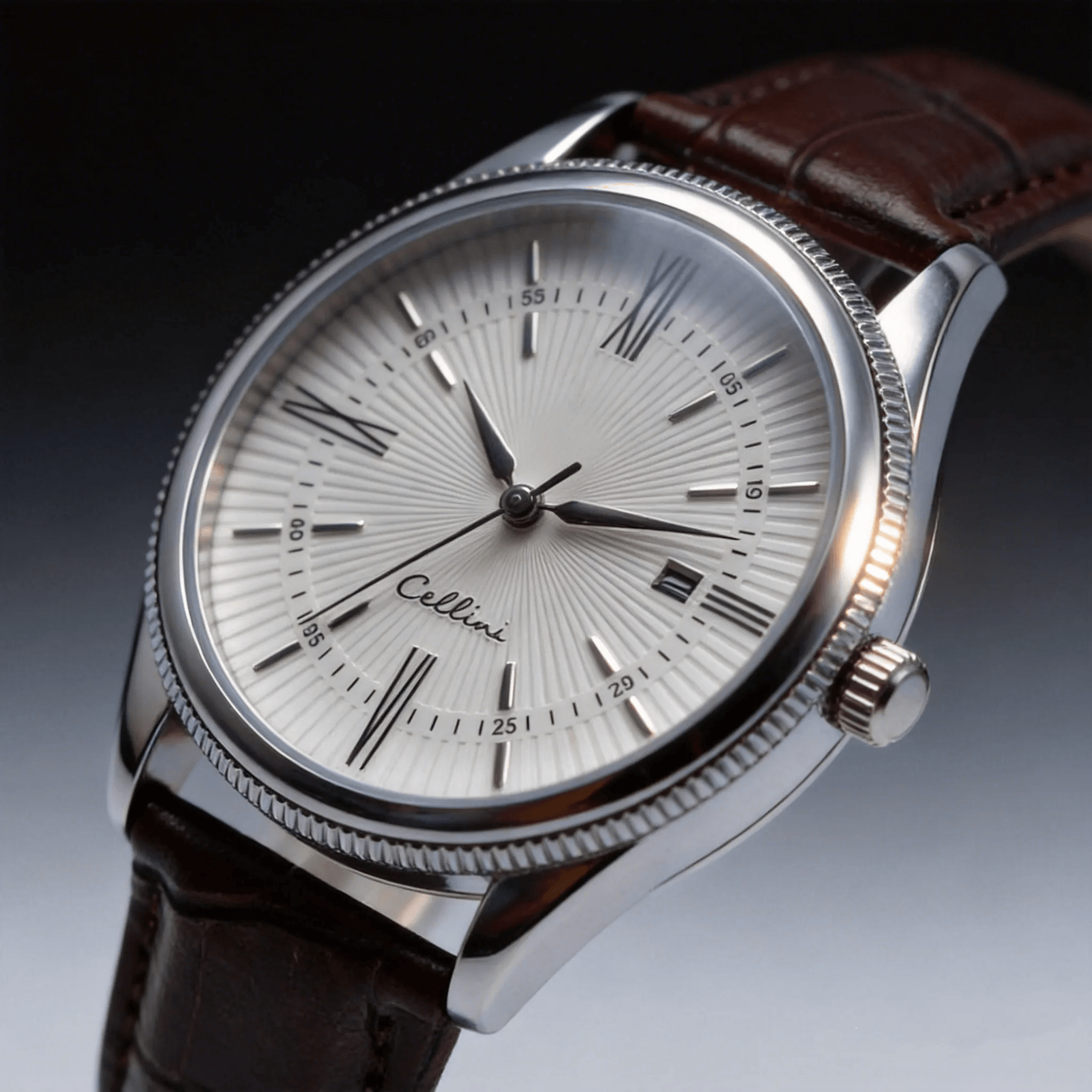 mens rose gold quartz watch with vintage leather strap and auto date