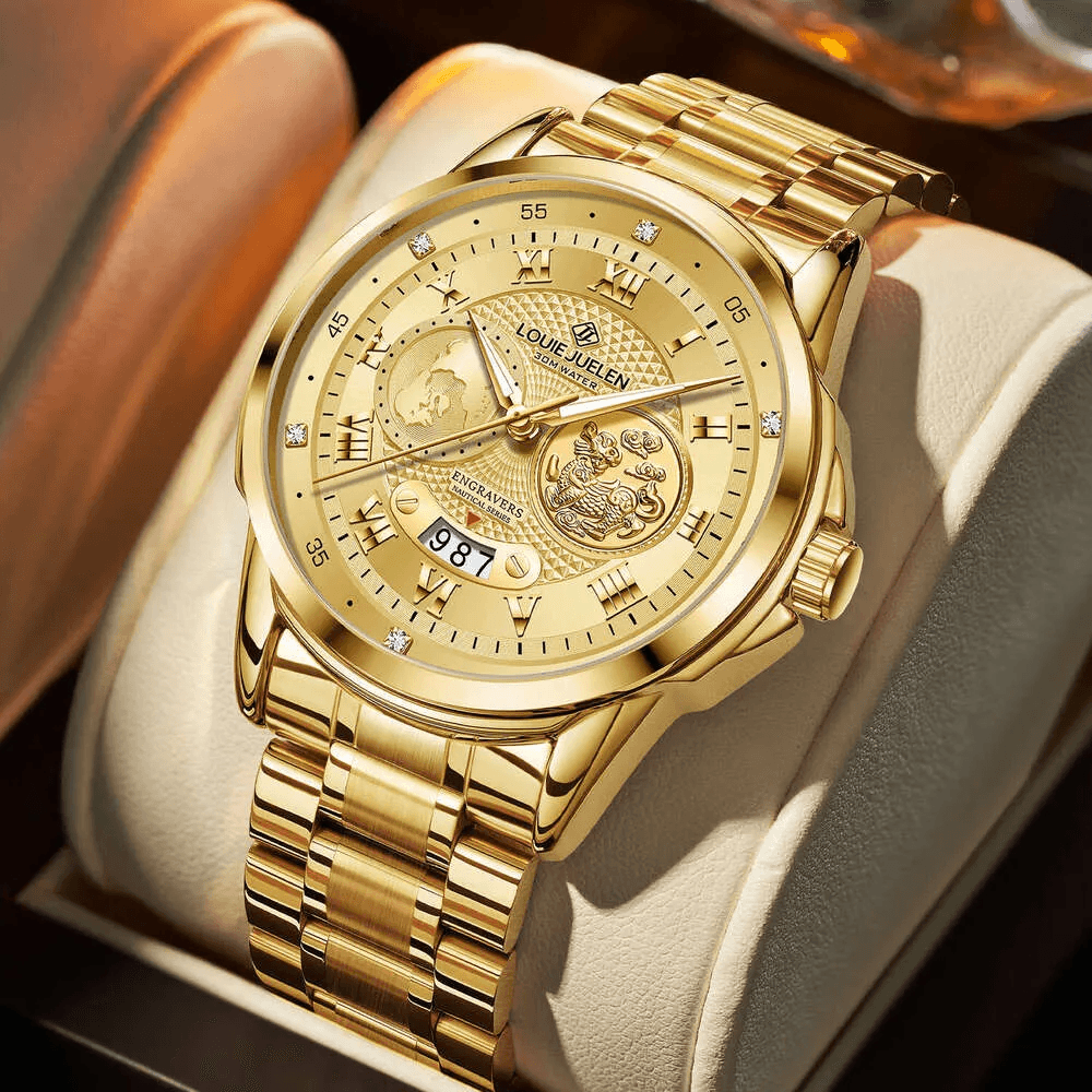 mens automatic mechanical watch with gold stainless steel band and round analog dial