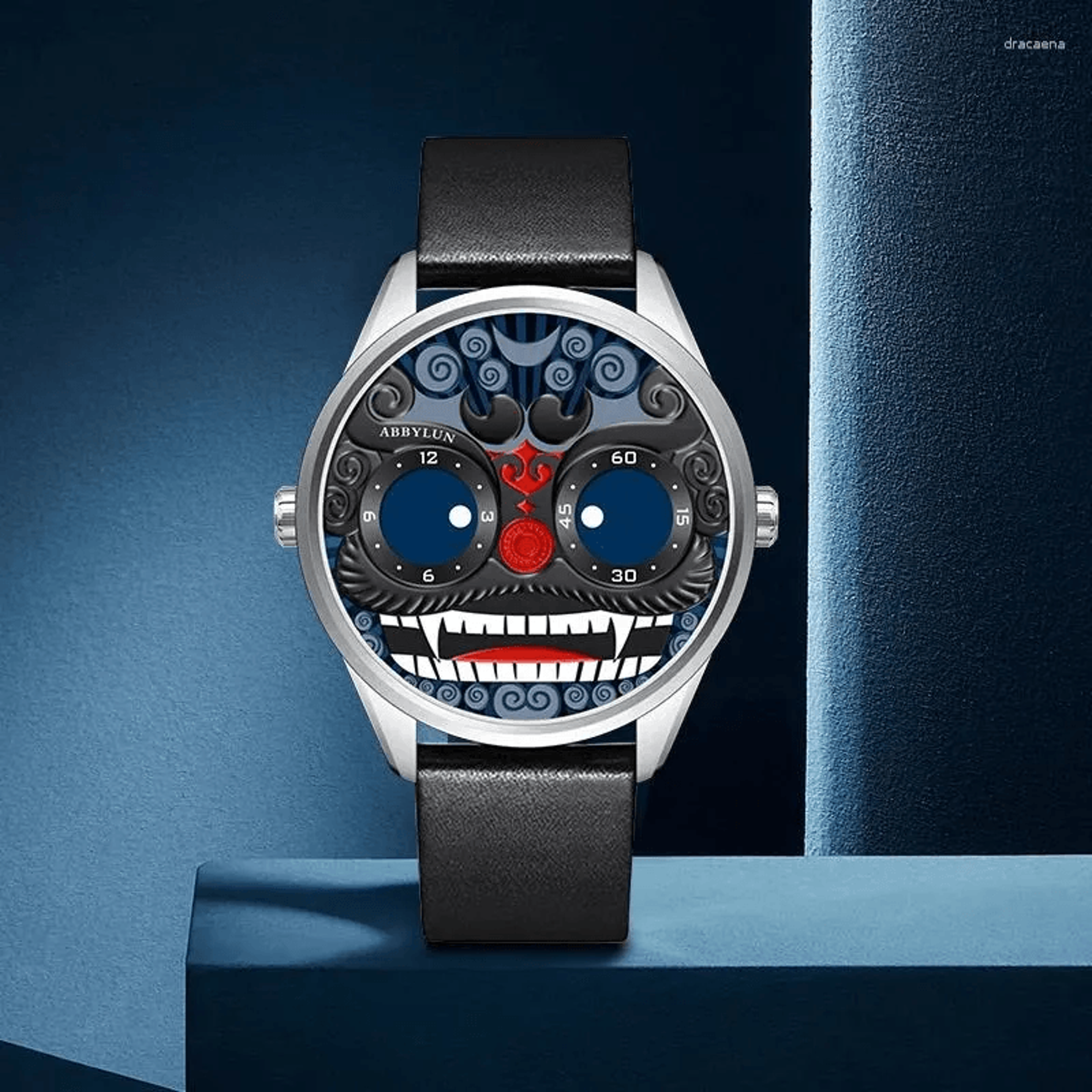 mens quartz wristwatch with lion relief dial and leather strap