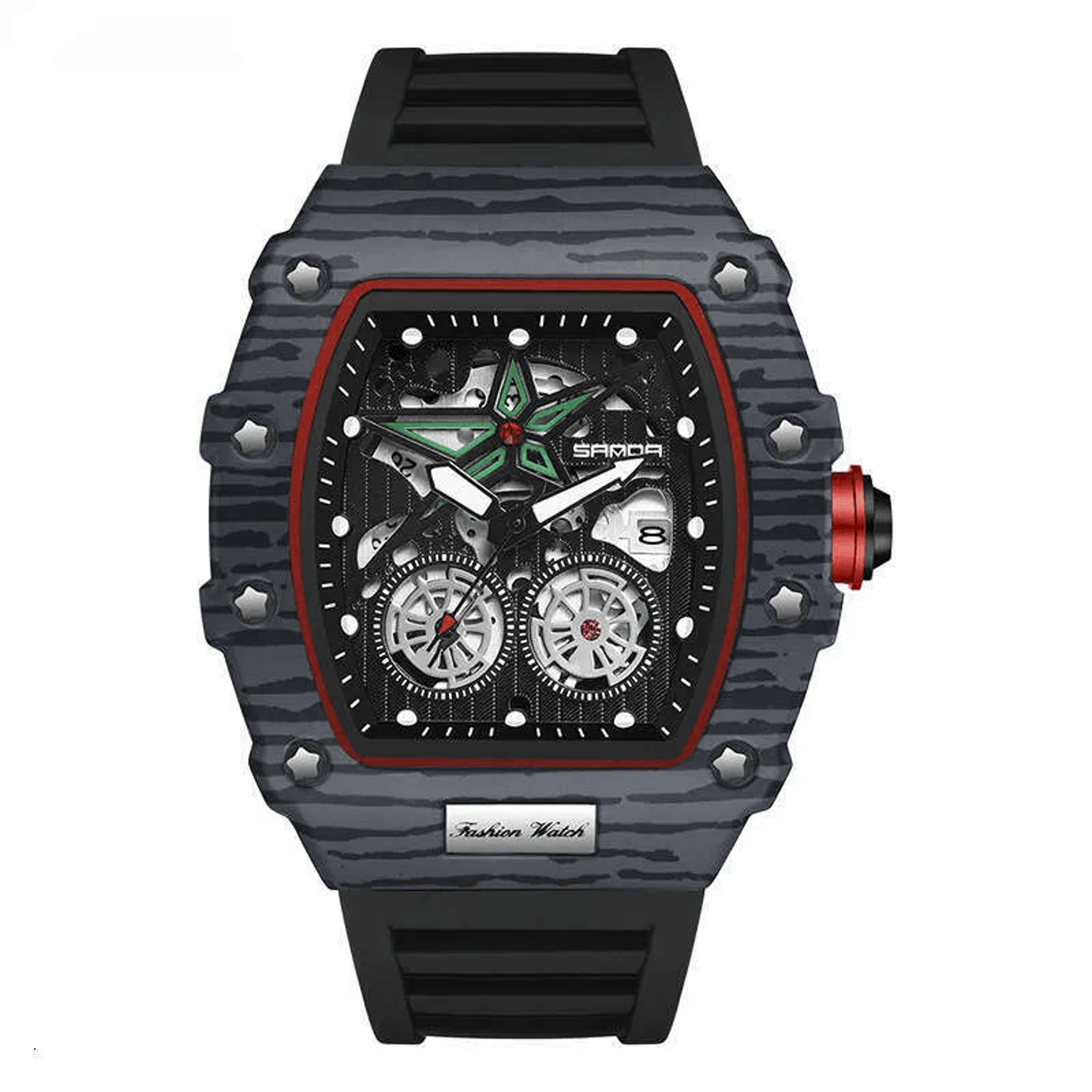 mens barrel shaped quartz watch with luminous hands and calendar