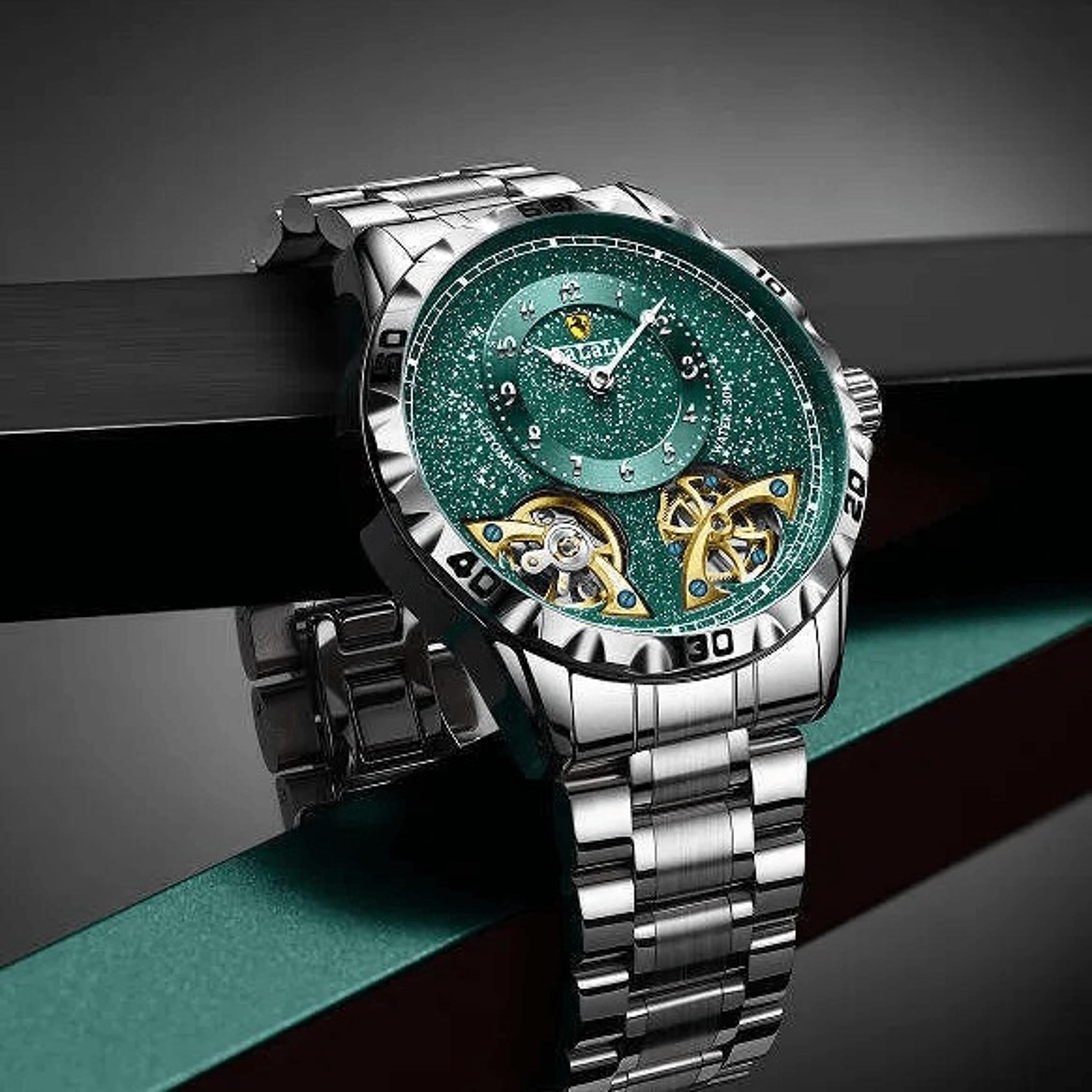 automatic mechanical watch with silver stainless steel band and round dial