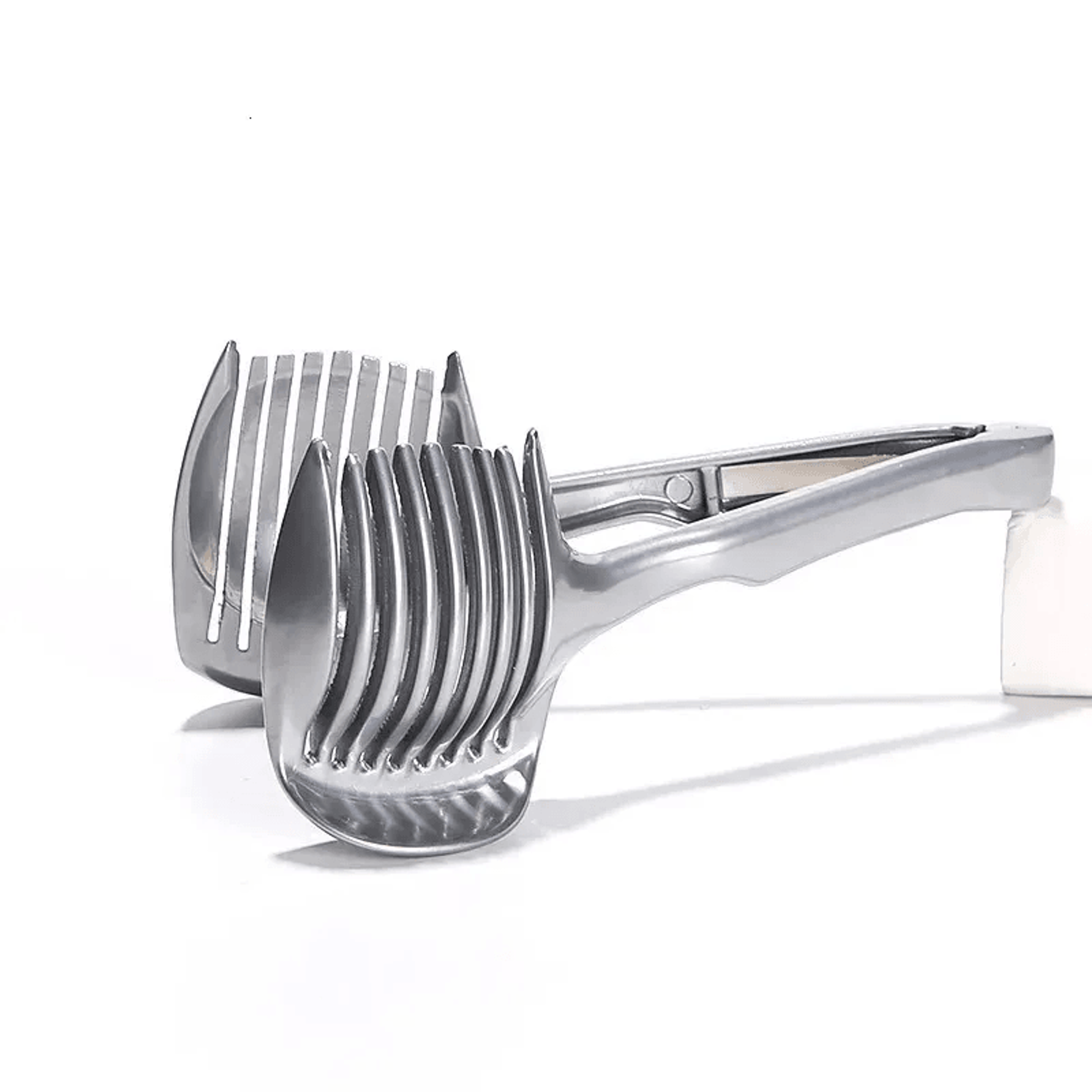 stainless steel onion holder and vegetable slicing guide with finger guard