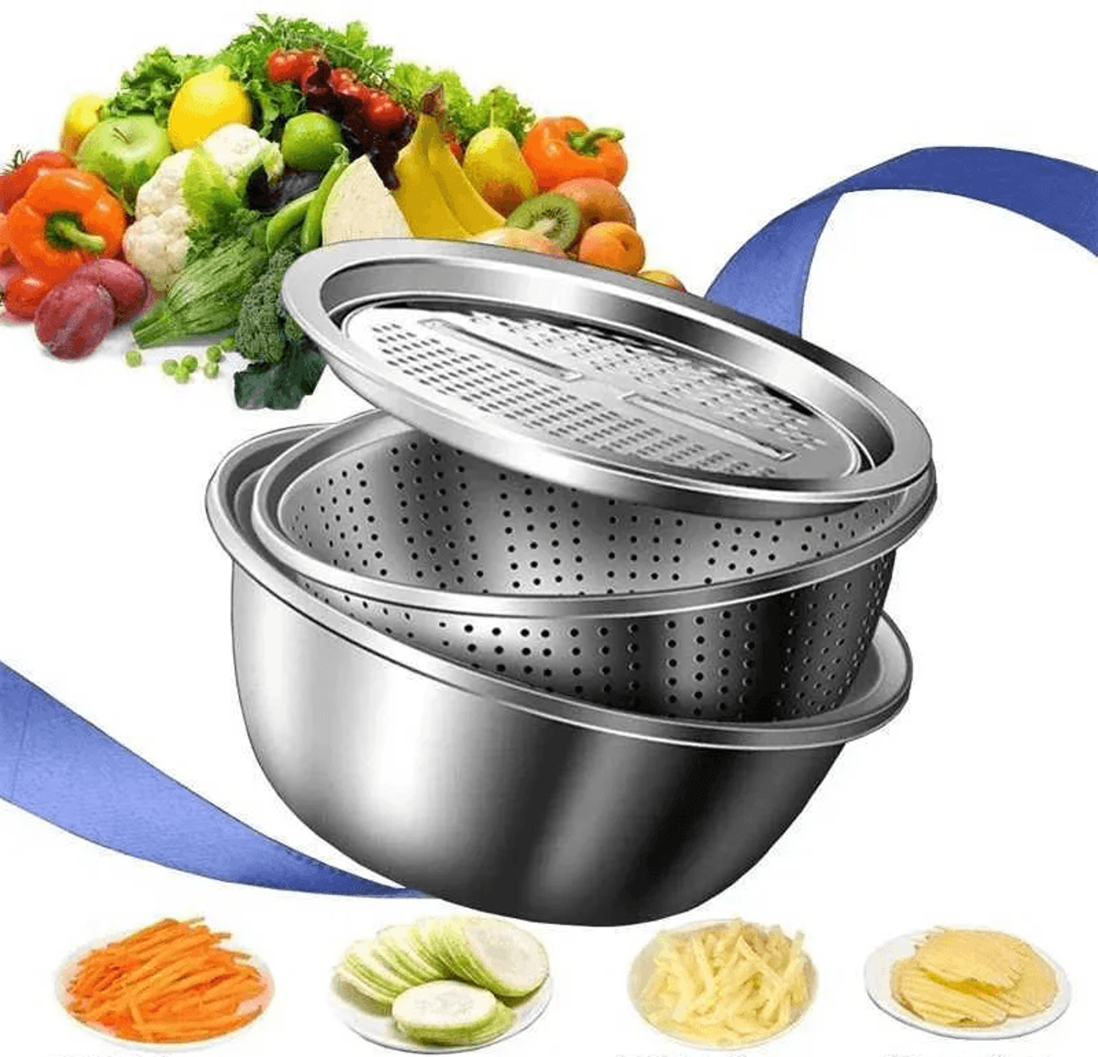 vegetable slicer and grater with drain basket and salad bowl