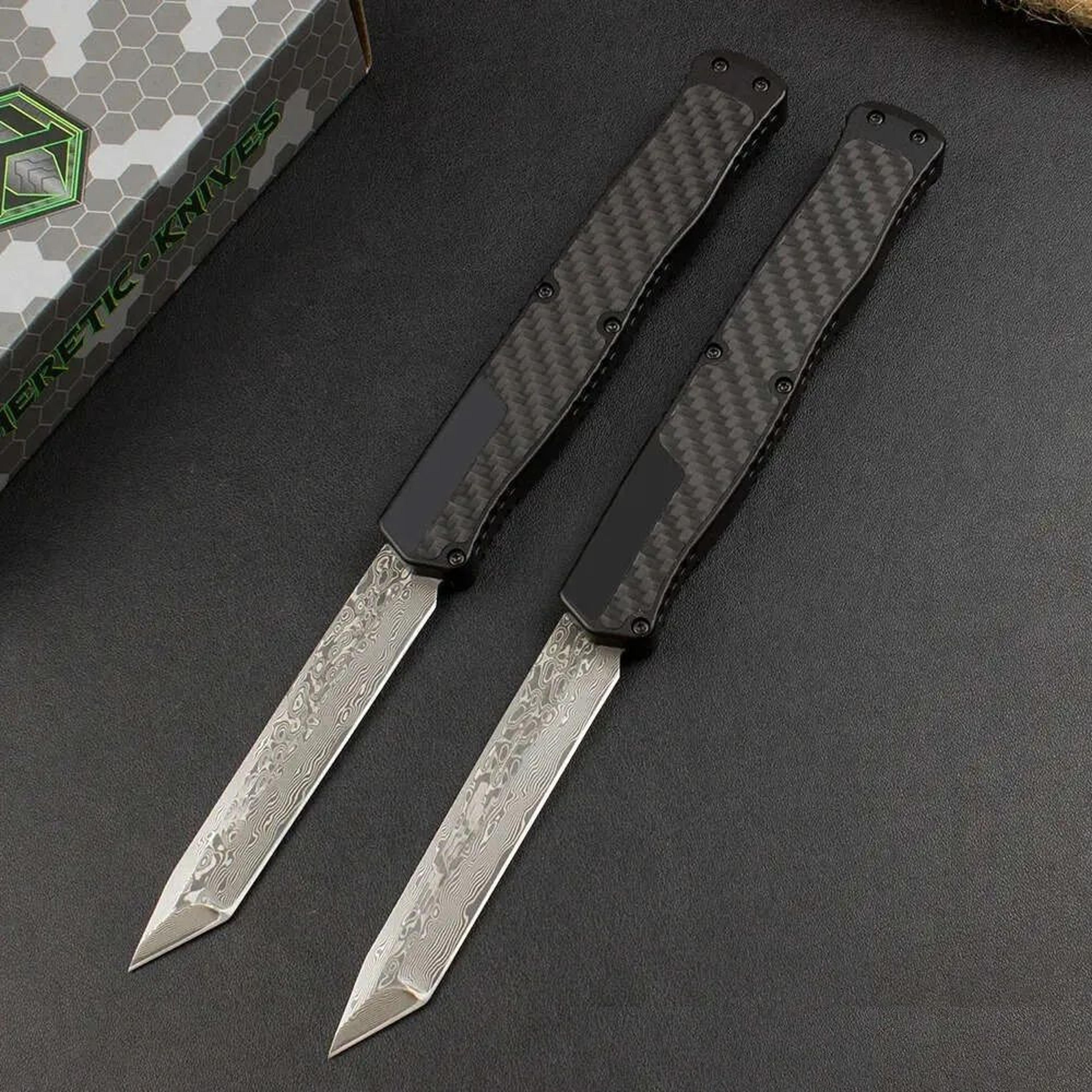 heretic cleric tactical pocket knife with damascus steel blade and aluminum handle