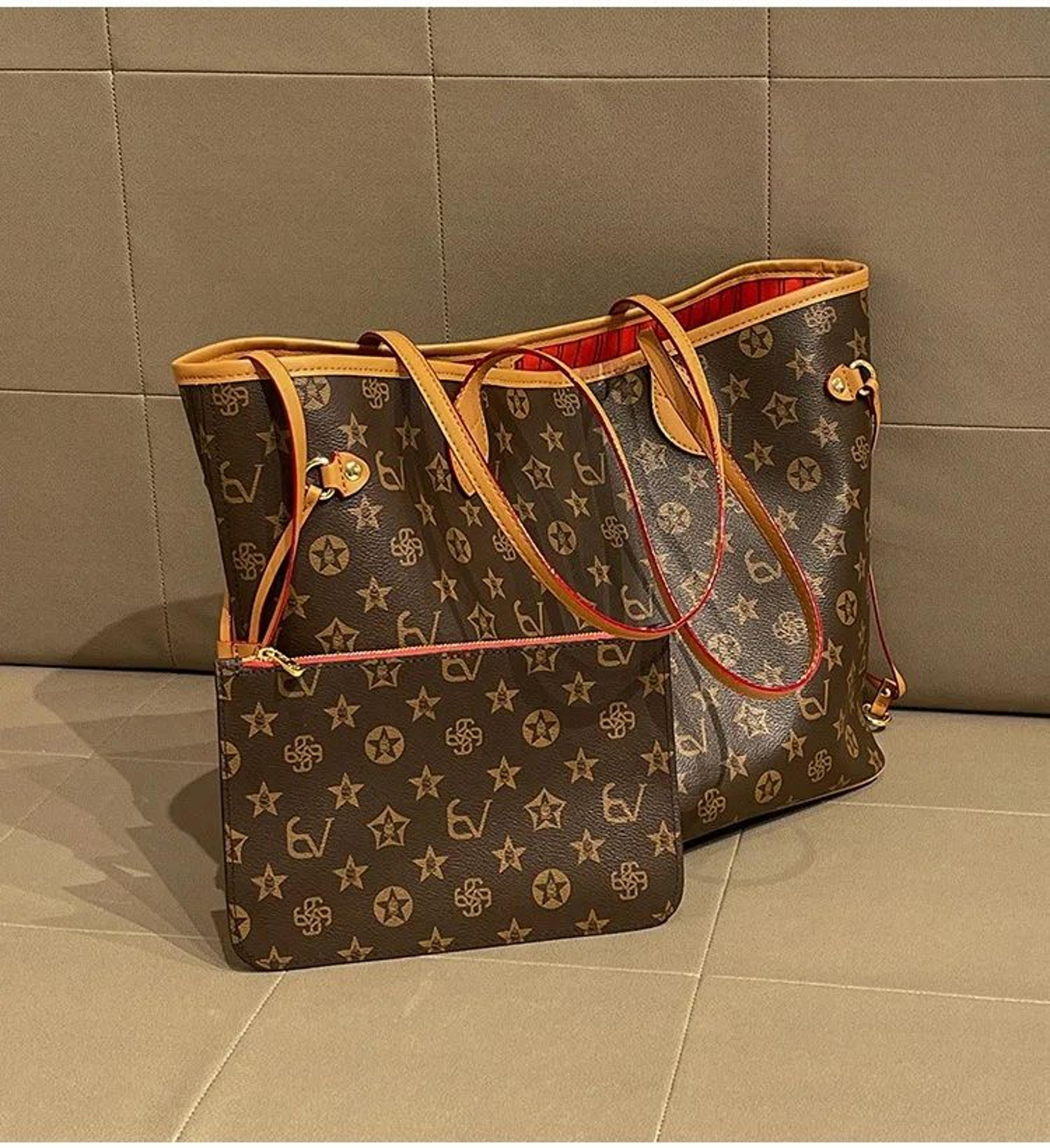 women's coffee beige printed tote bag with zipper closure and shoulder straps