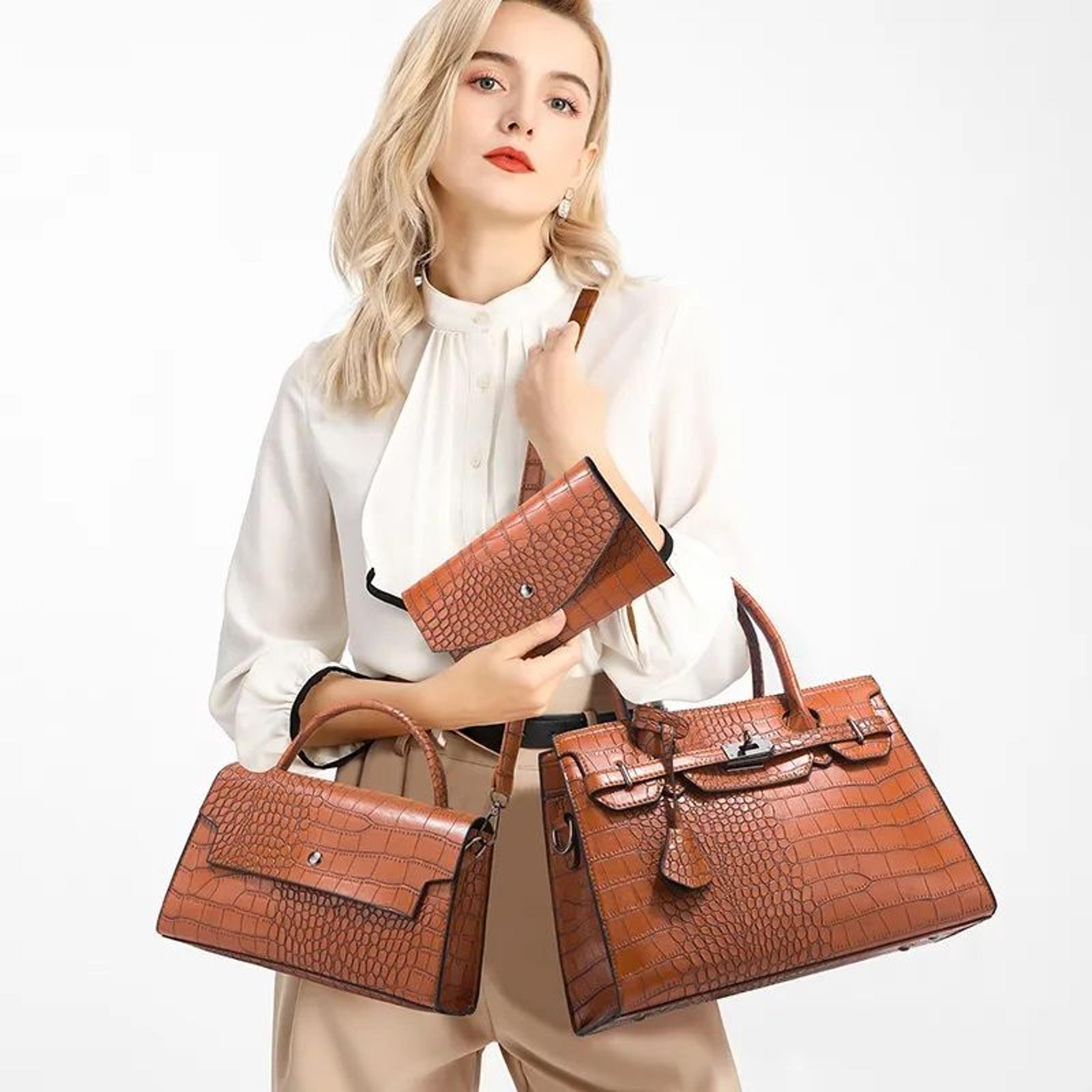 crocodile embossed handbag set for women with detachable crossbody strap