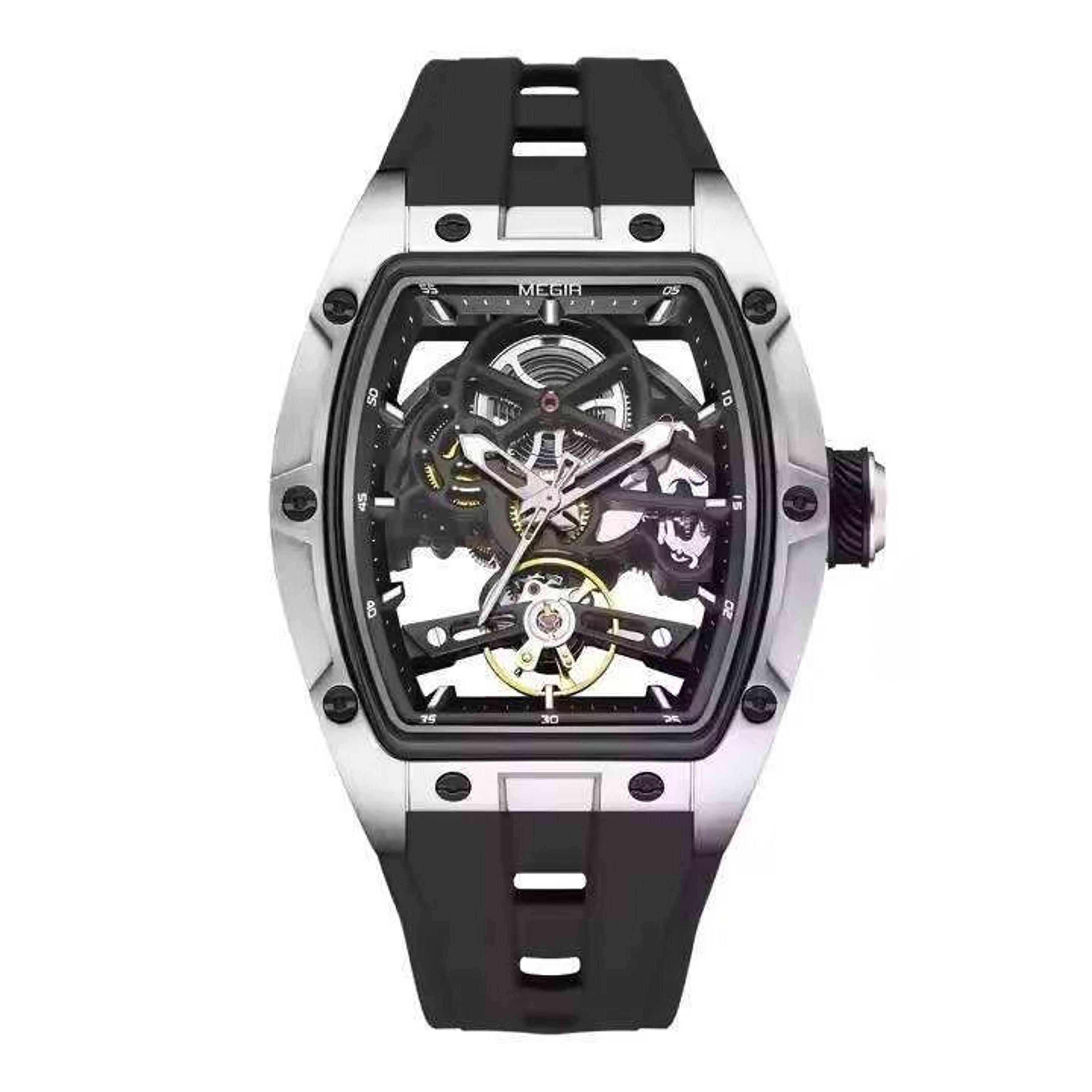 men's automatic skeleton watch with luminous hands and silicone strap