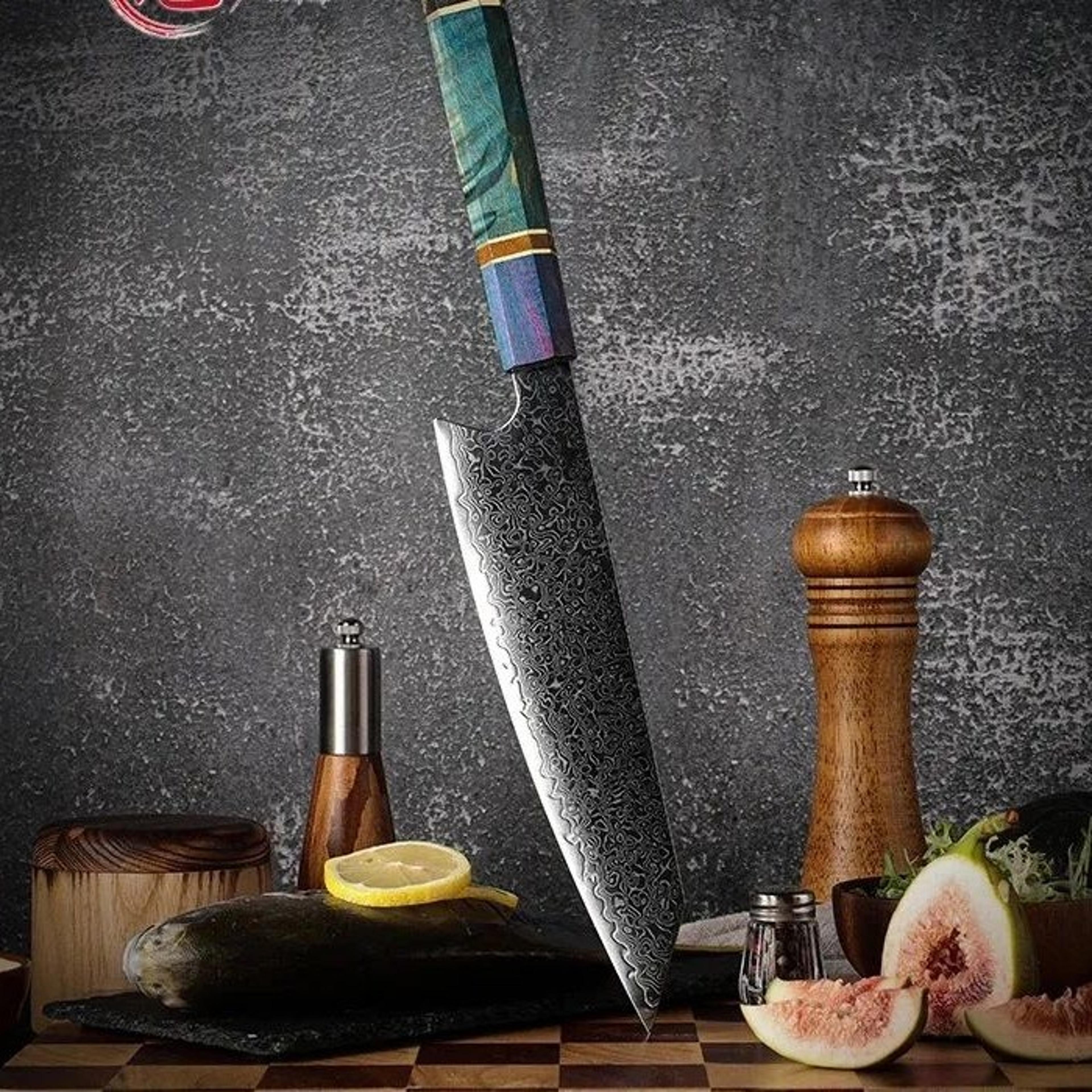 damascus steel chef knife with purple handle and kiritsuke style blade