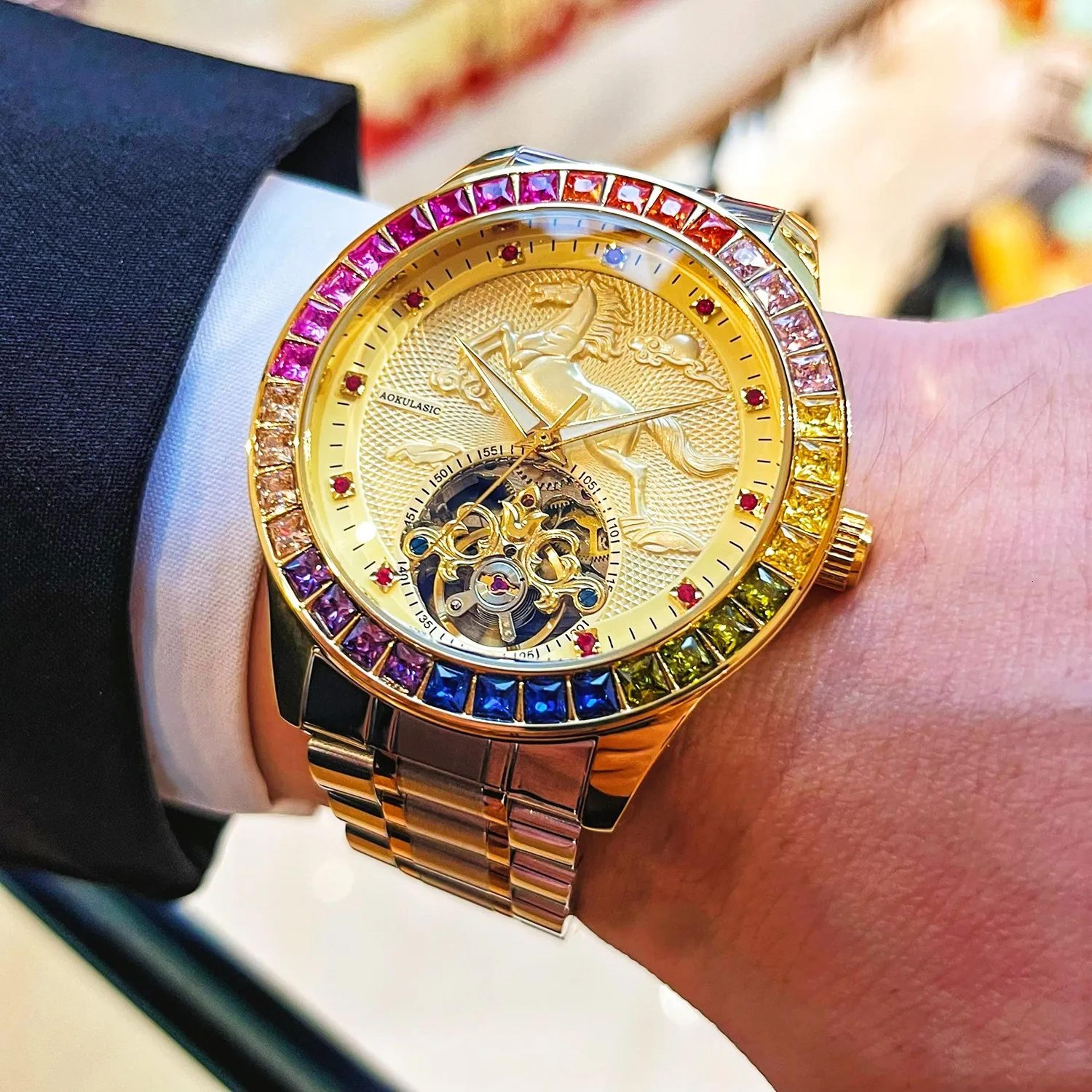 men's automatic mechanical watch with gold stainless steel band and horse design