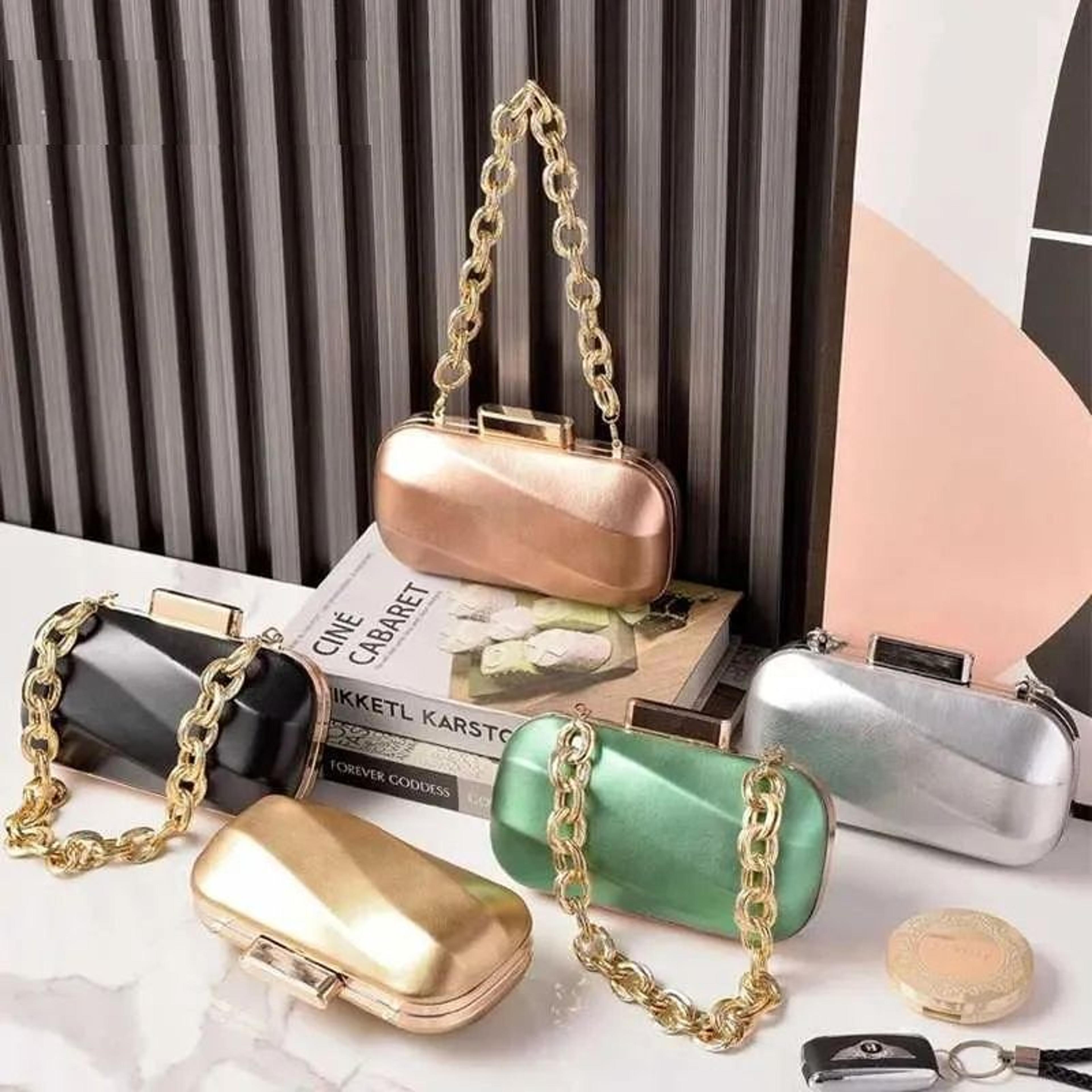 evening clutch bag with gold or silver chain strap for weddings and parties