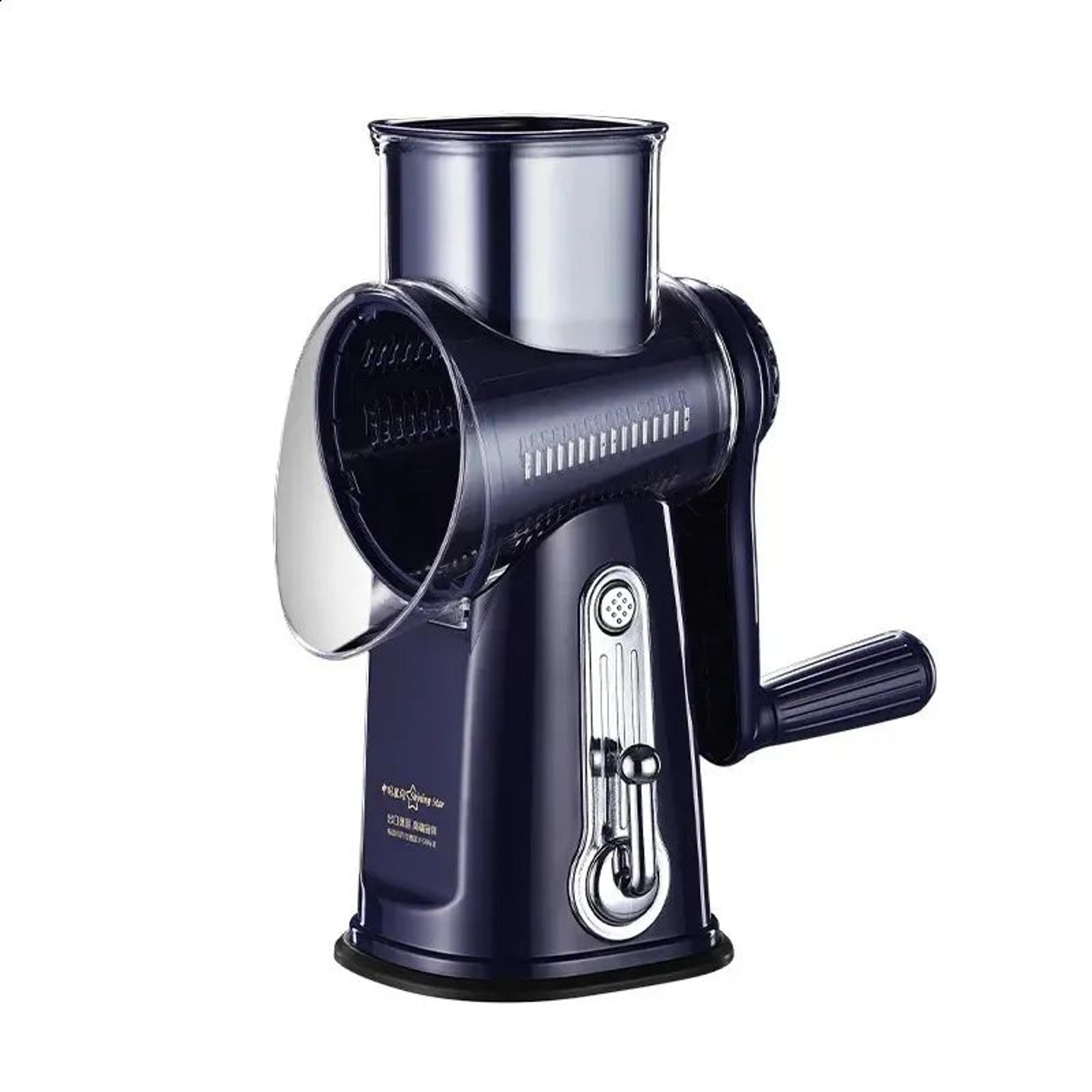 rotary vegetable chopper and cheese grater with interchangeable drum blades