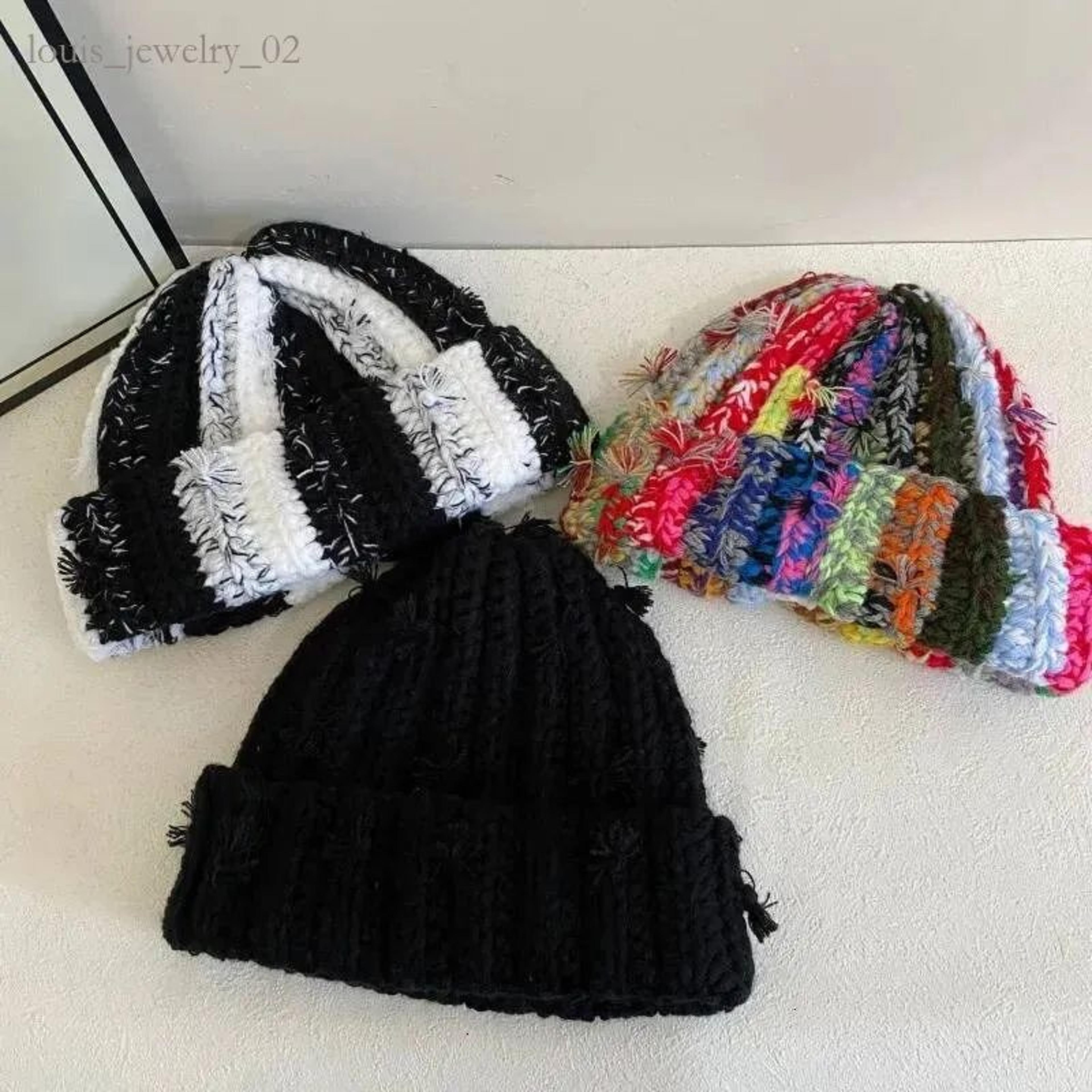 unisex striped knit beanie hat hand crocheted warm winter skull cap