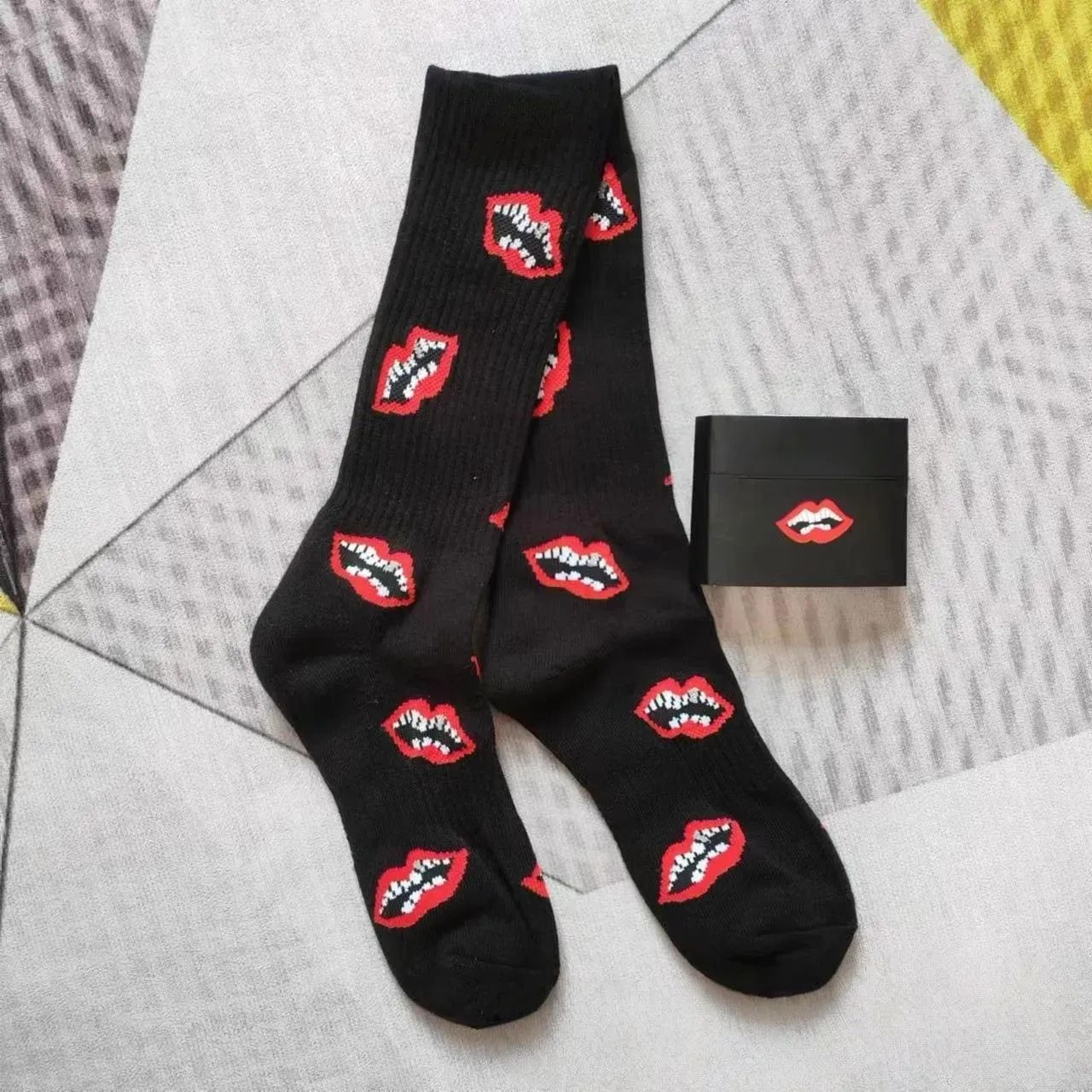 men's lips print ankle socks breathable cotton blend cycling and sports socks