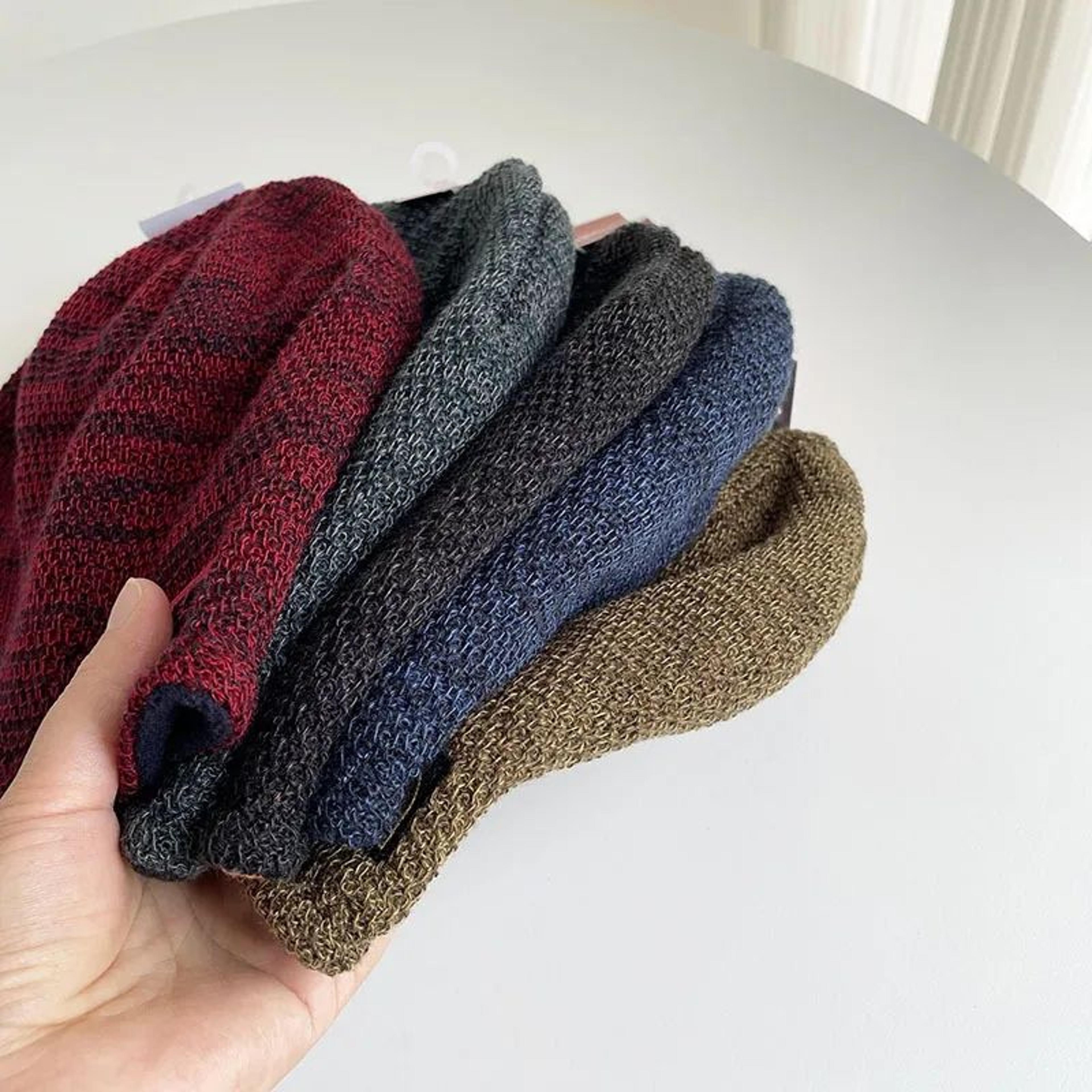 reversible double knit beanie hat with embroidered letters for men and women