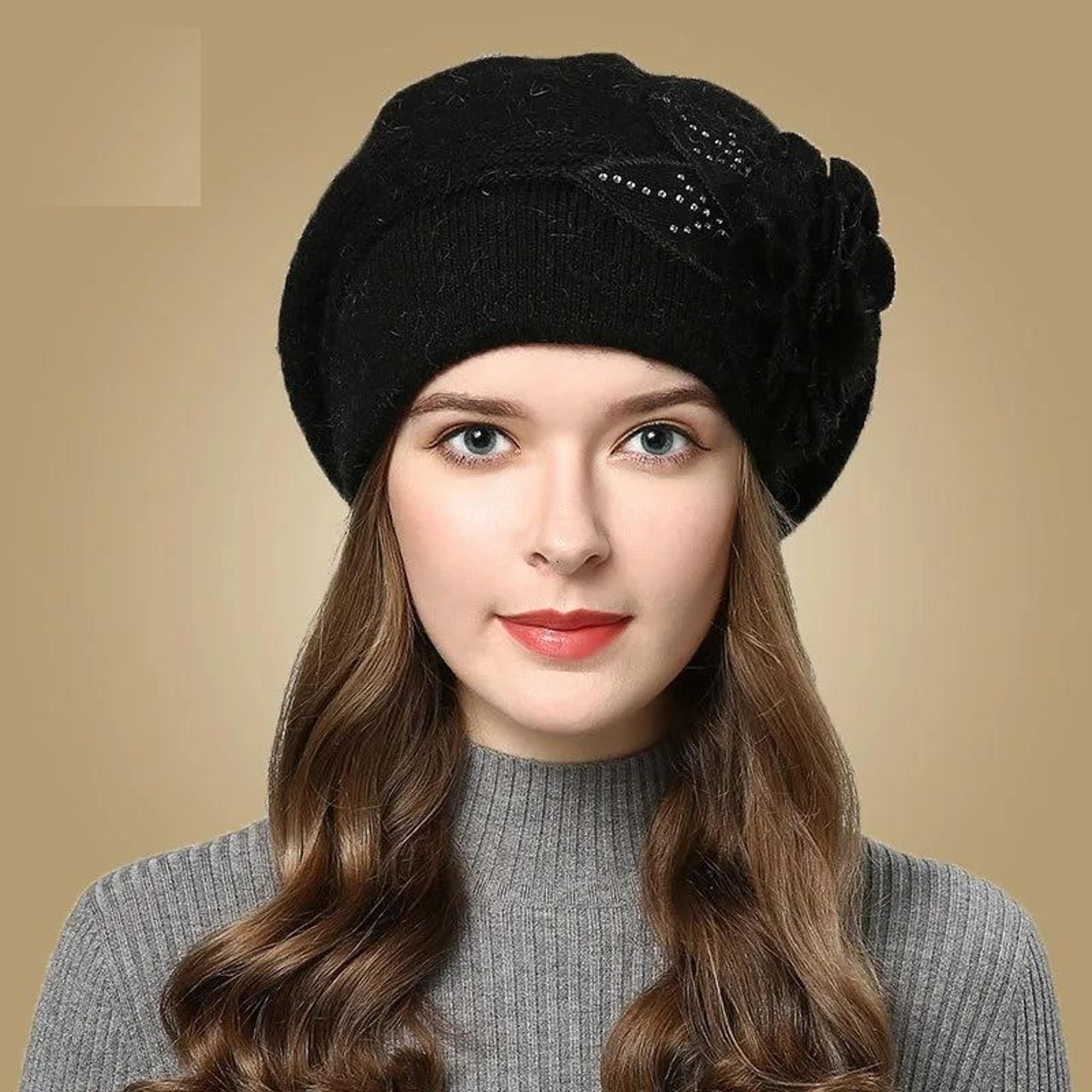 women's knitted beret hat with floral design and rabbit fur for fall and winter