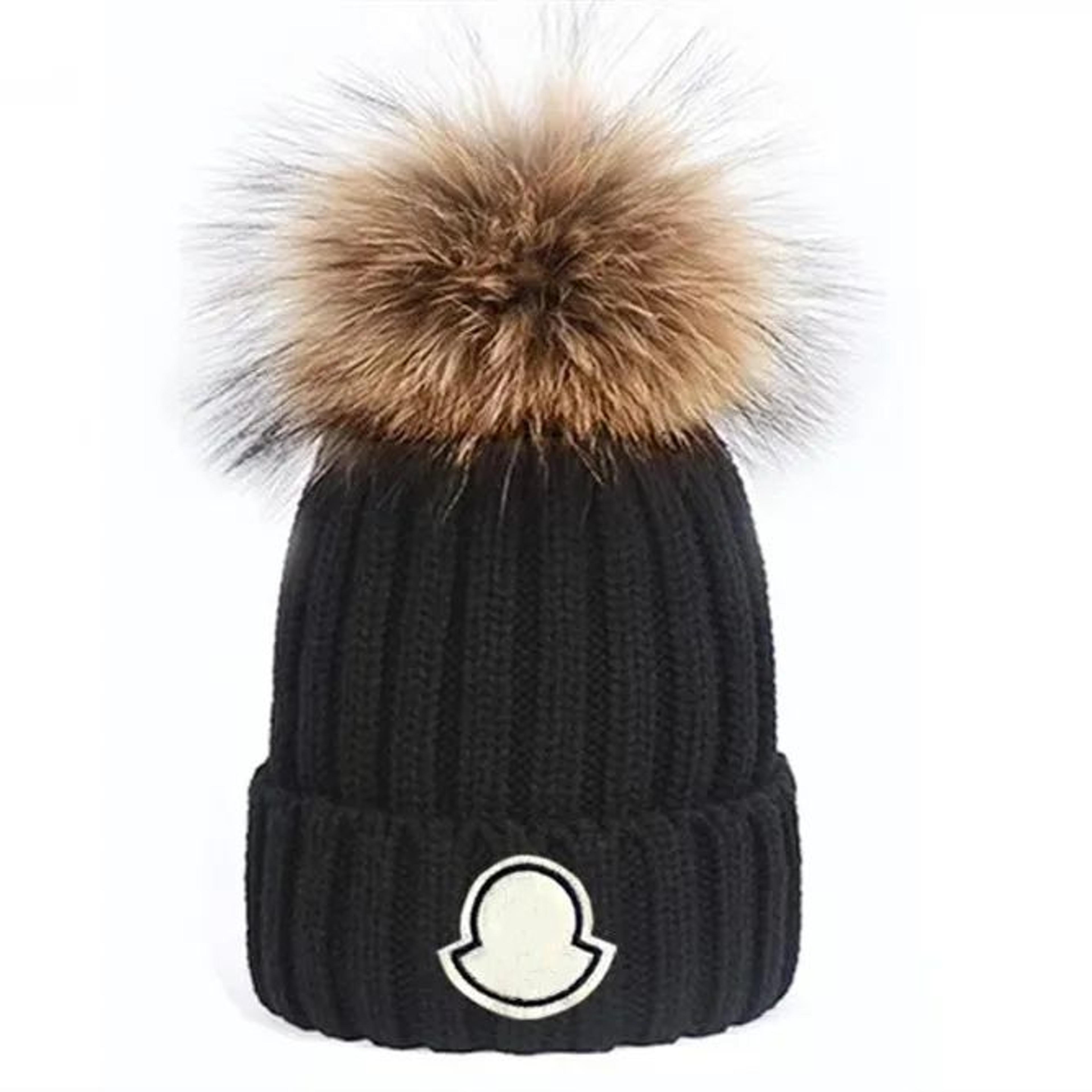 cotton winter beanie hat with real raccoon fur pom pom and embroidered letter design