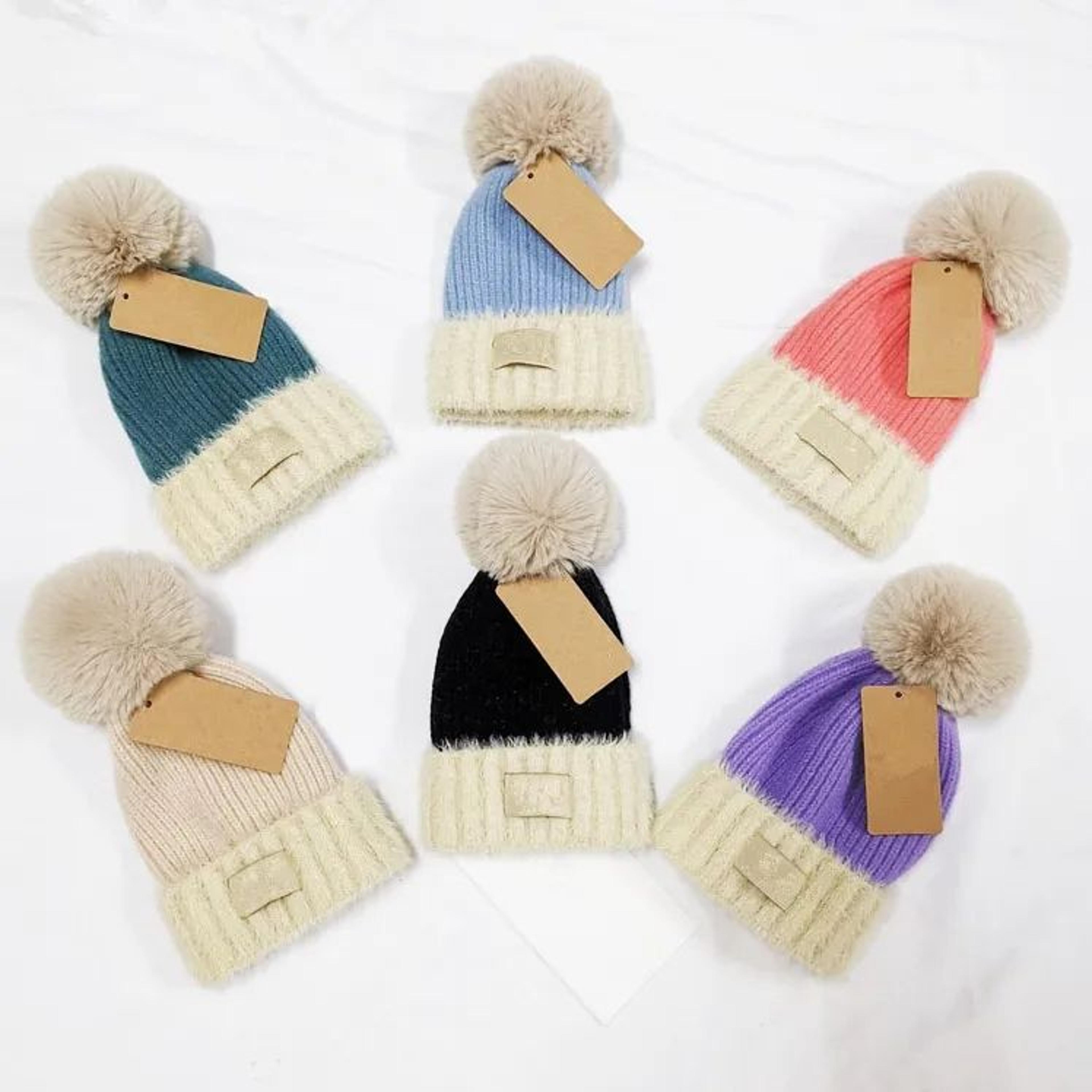 kids acrylic knit beanie hat with fur pom pom and tie dye print