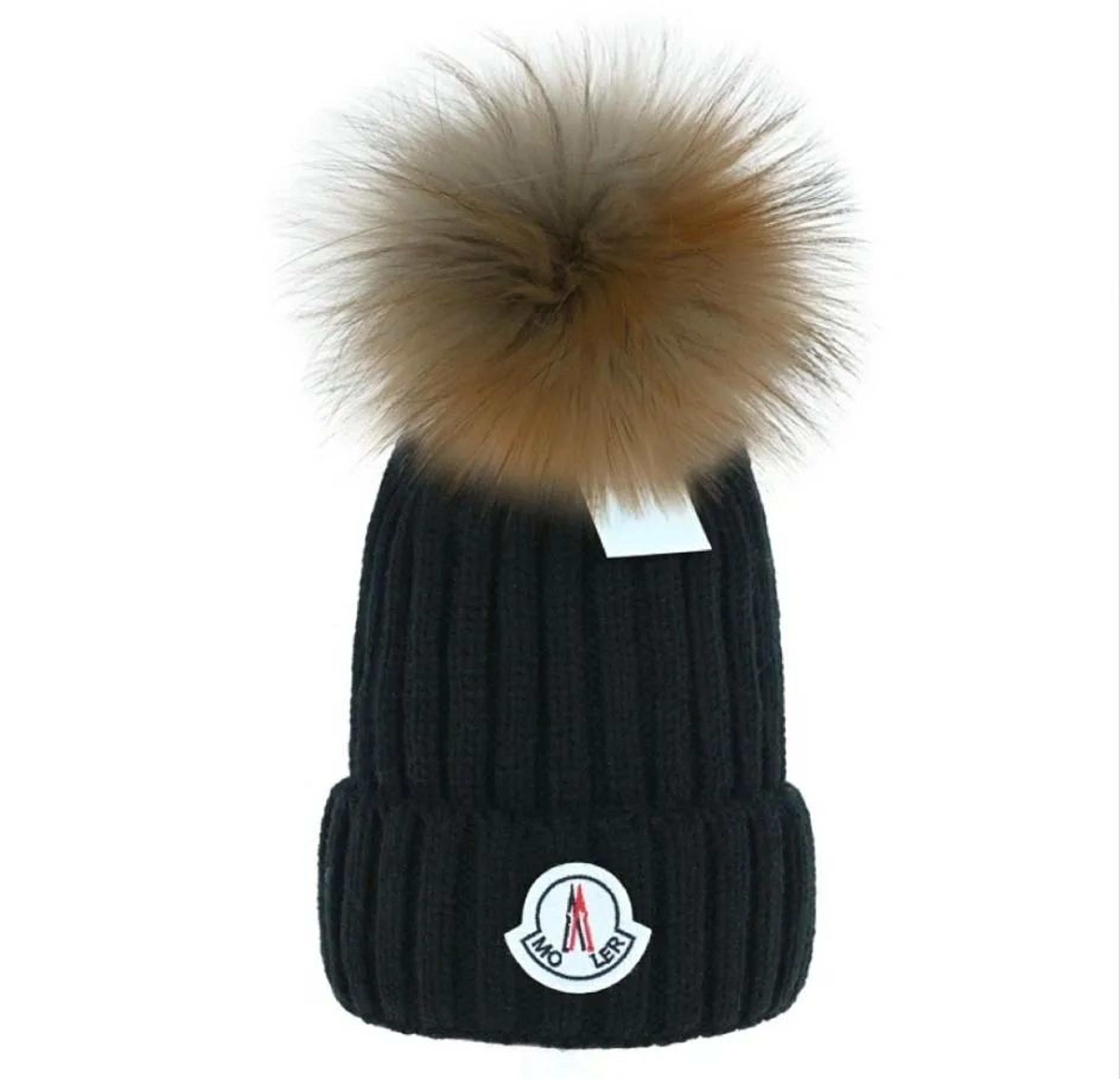 knitted winter beanie hat with raccoon fur trim for men and women