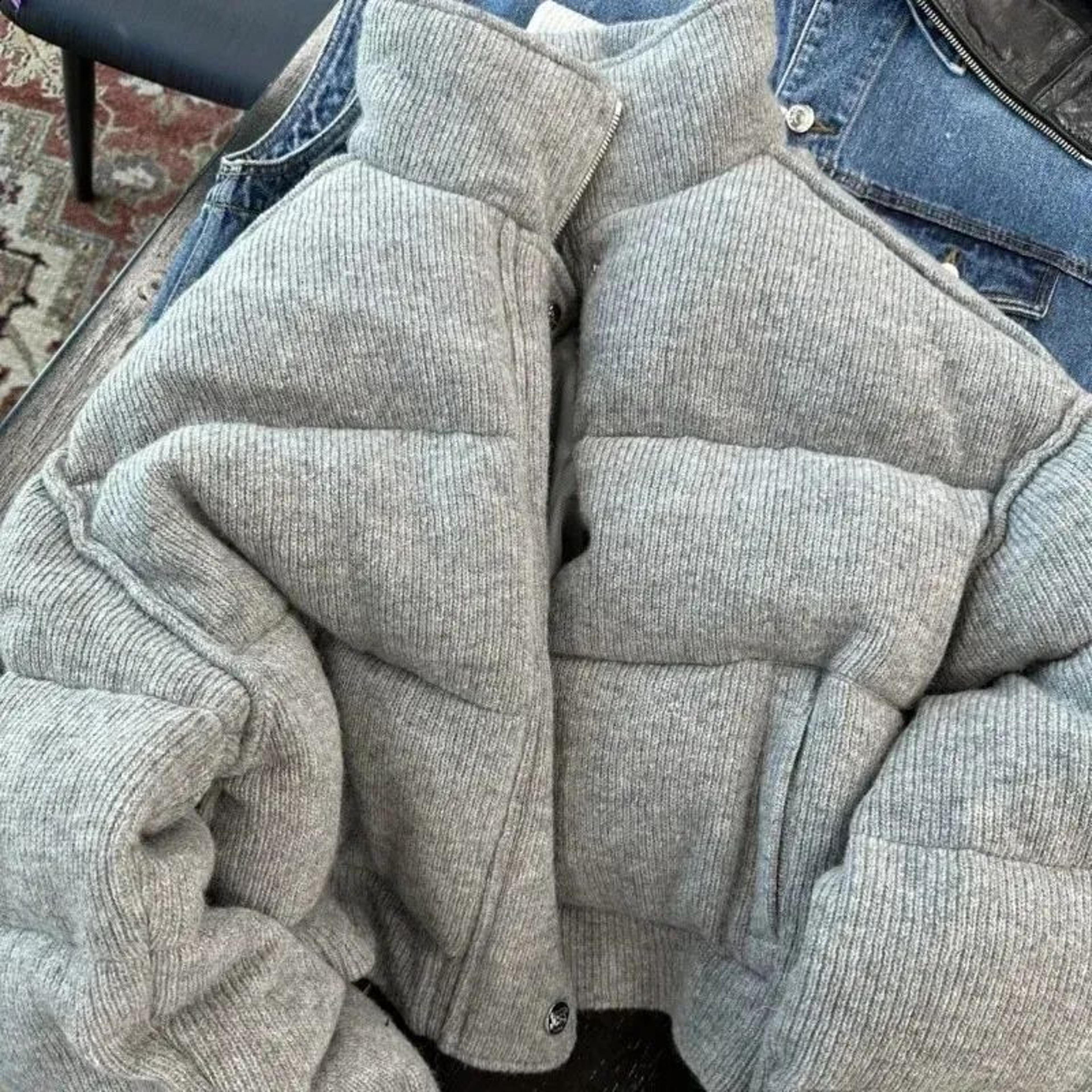 women's gray winter down parka with hood and stand collar