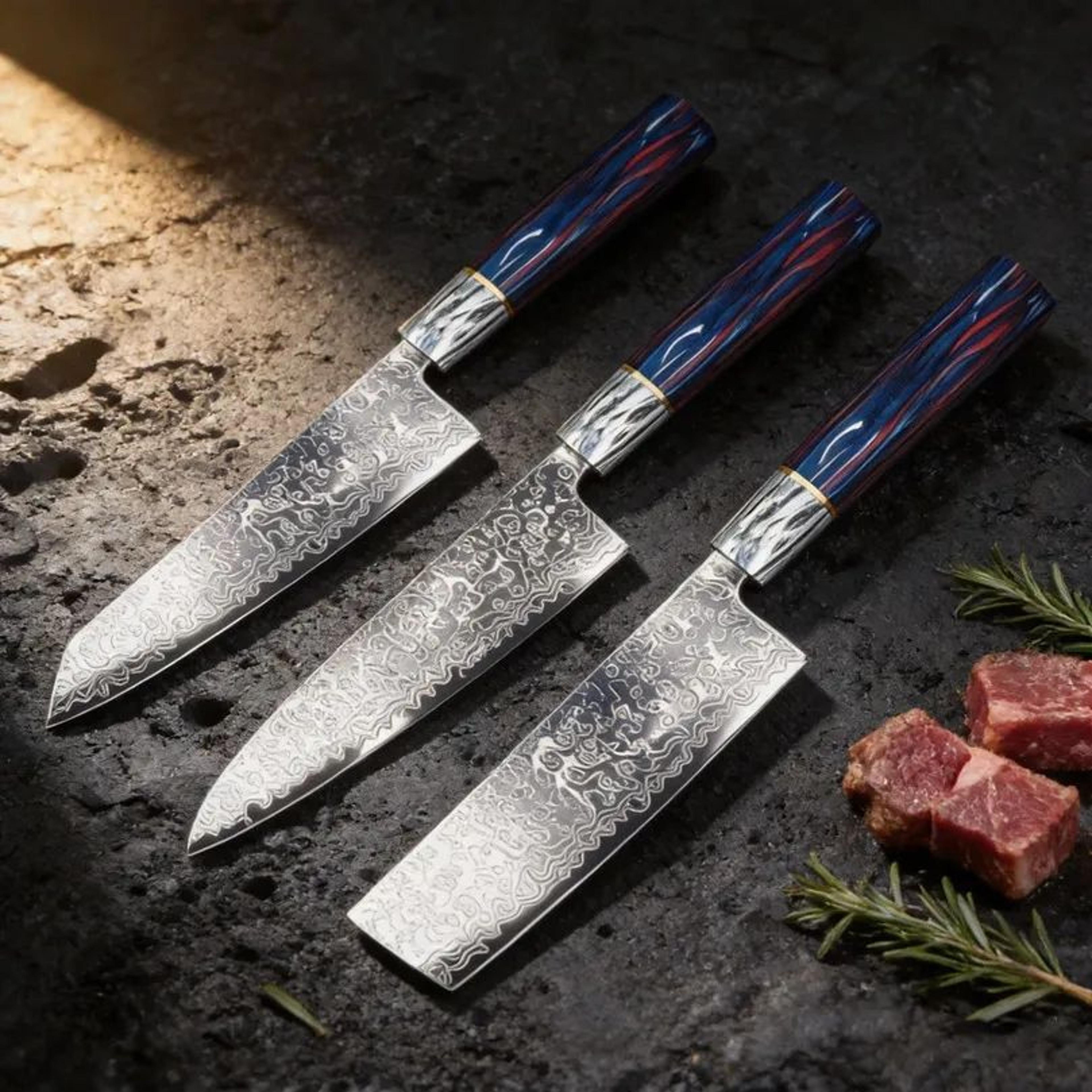 Damascus Pattern Kitchen Knife Set With Multicolor Handles For Vegetable Preparation 1