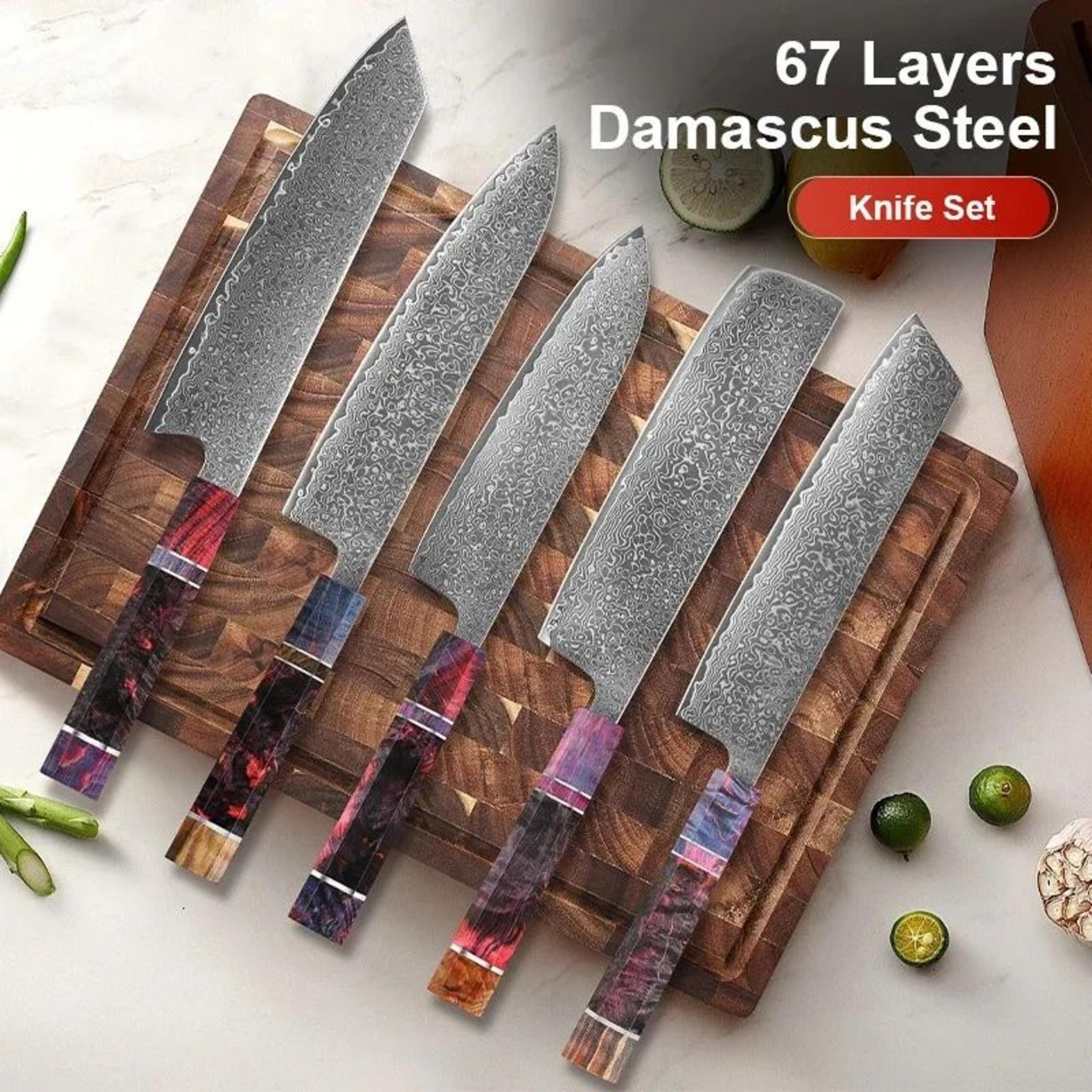 Damascus Steel Kitchen Knife Set With Wood Handles Japanese Chef Knives 3