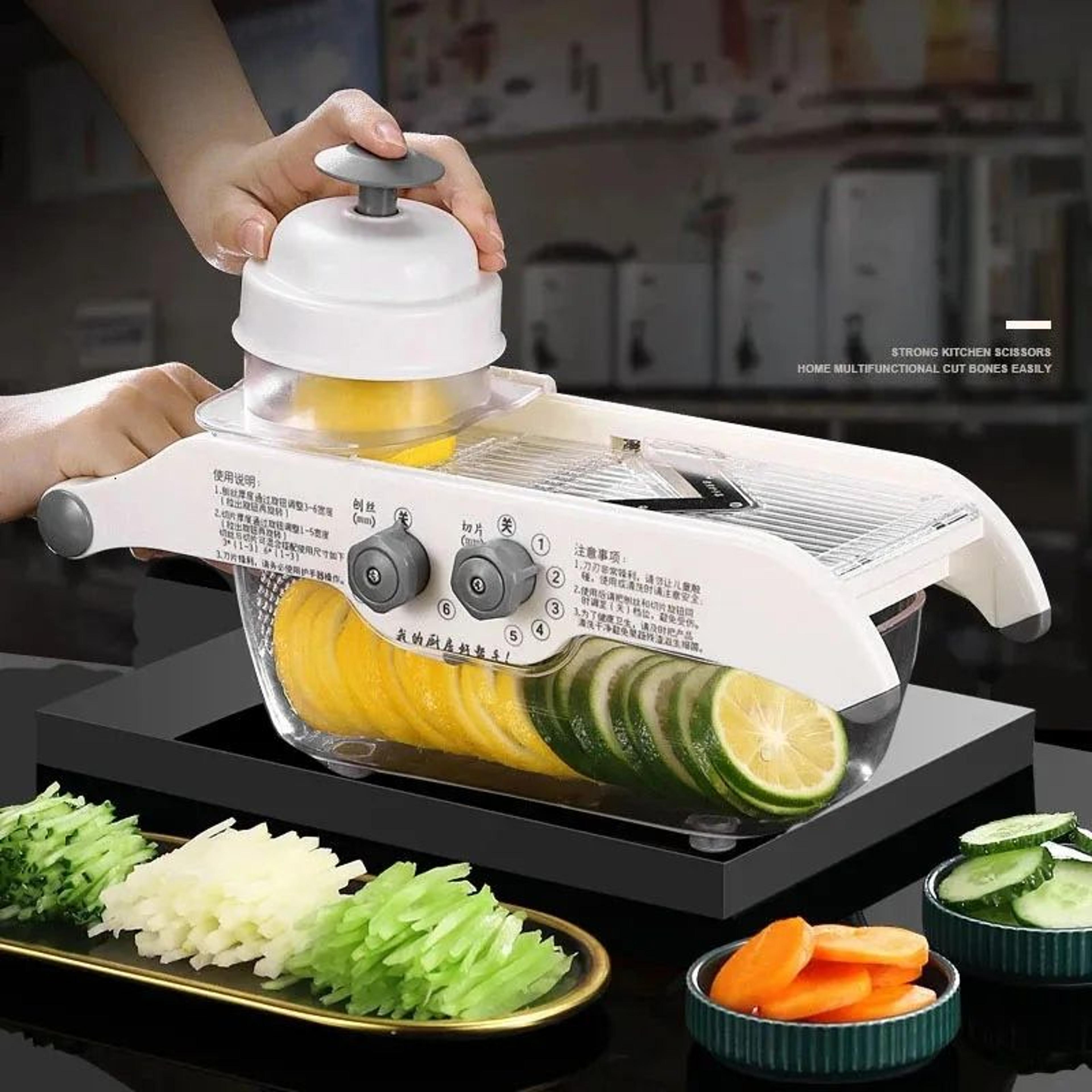 multifunctional vegetable slicer and grater with stainless steel blade and basket