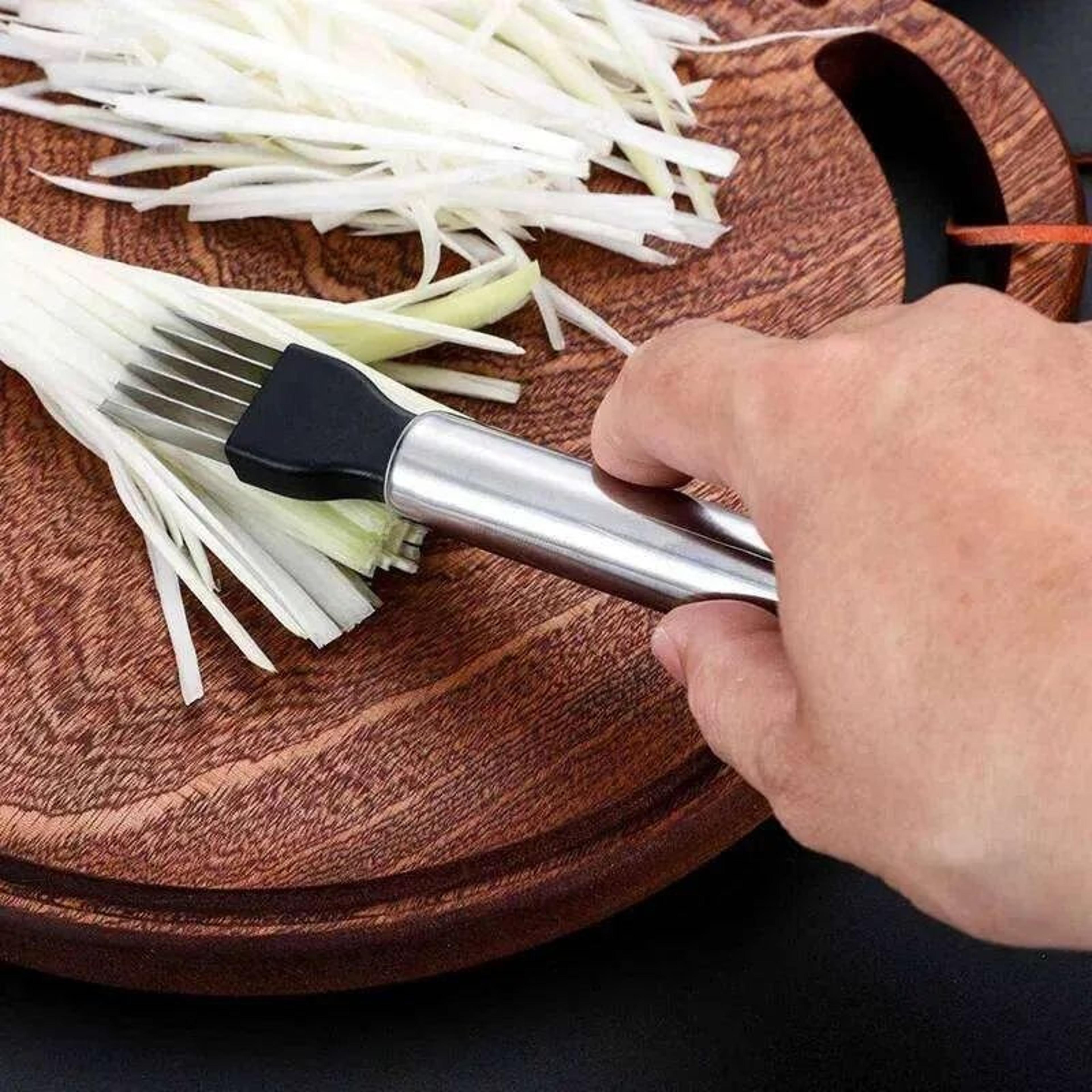 stainless steel onion cutting knife with dual tine blade vegetable chopper and slicer