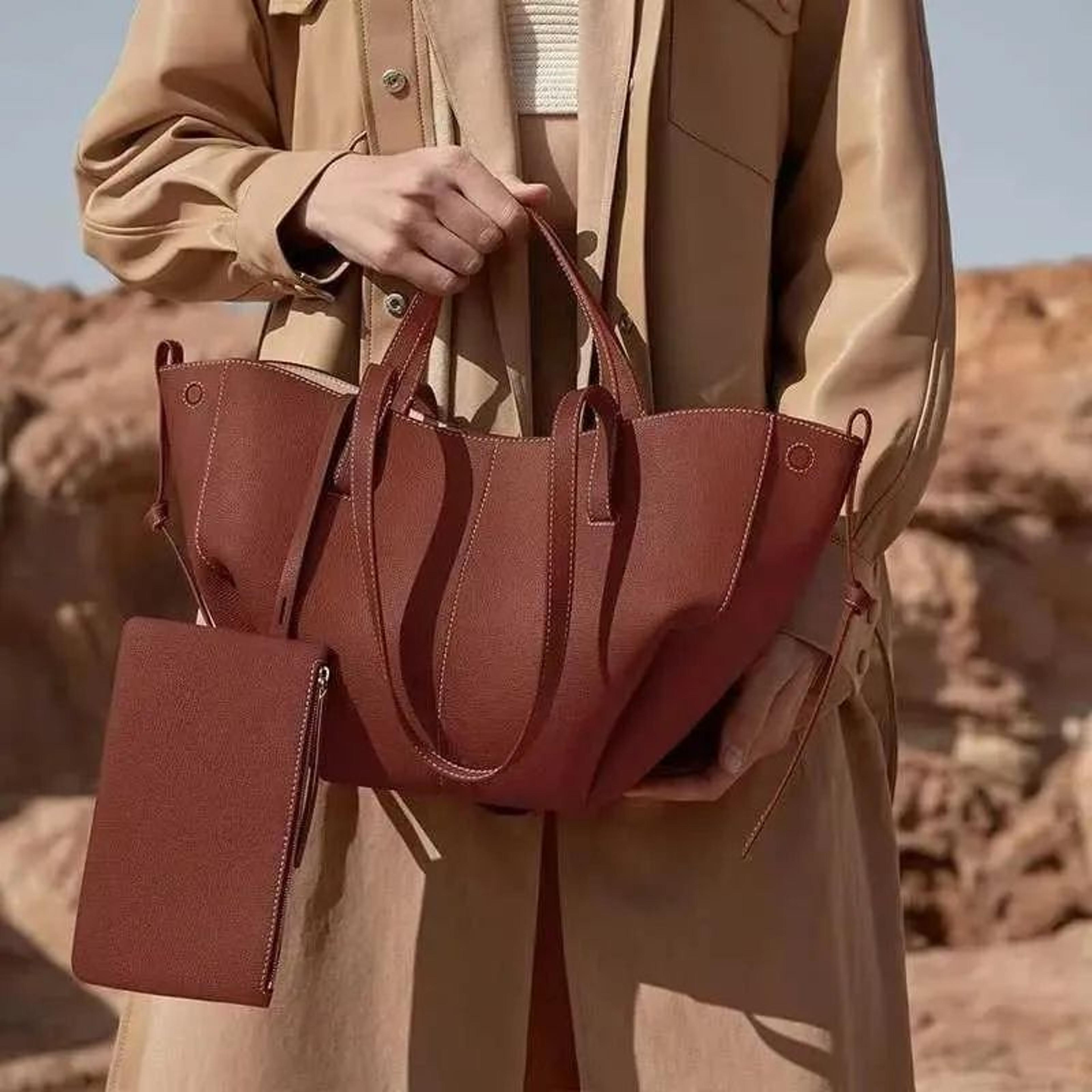 large capacity pu leather shoulder bag with detachable inner bucket bag