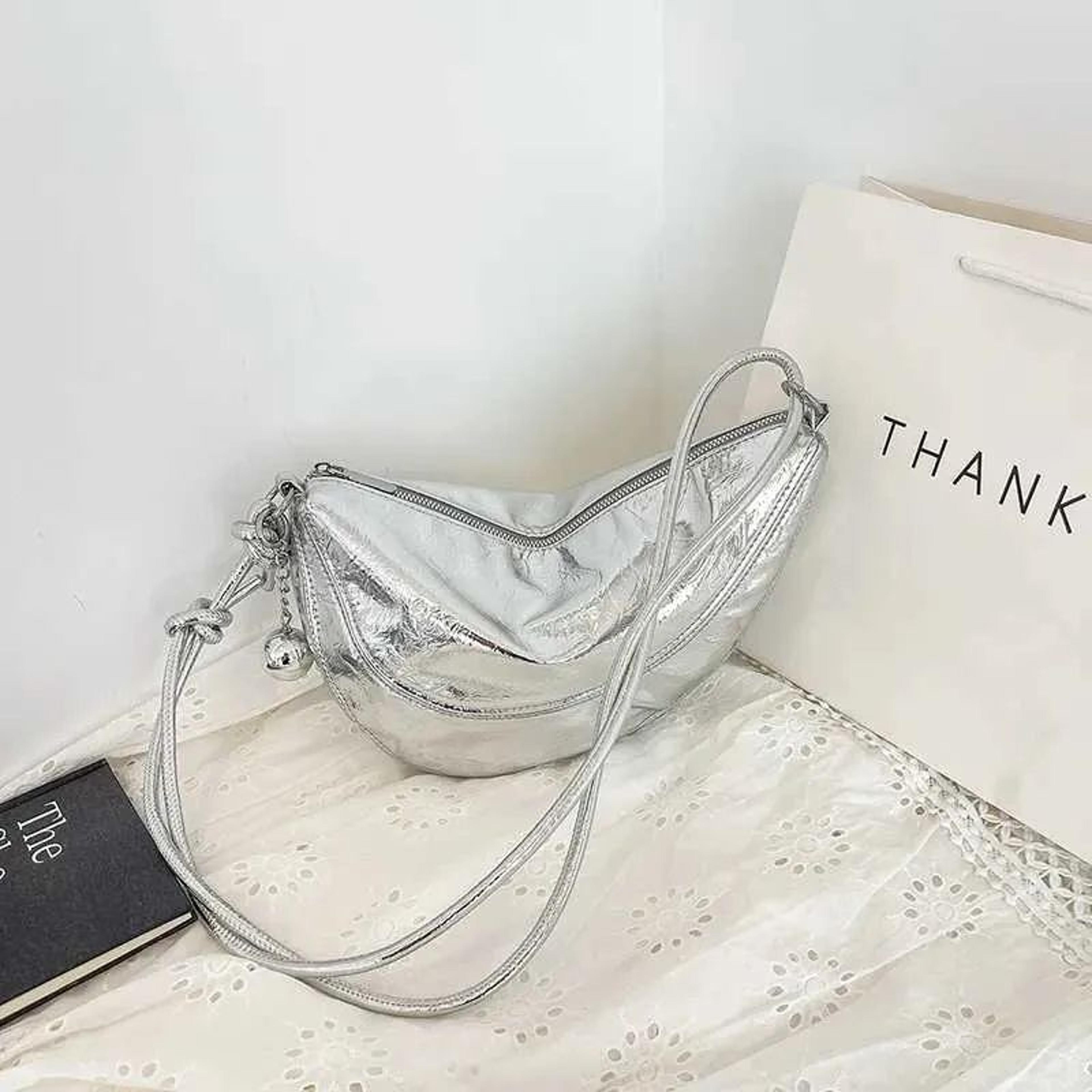Womens Silver Crossbody Bag With Adjustable Strap Bucket Shoulder Purse 1