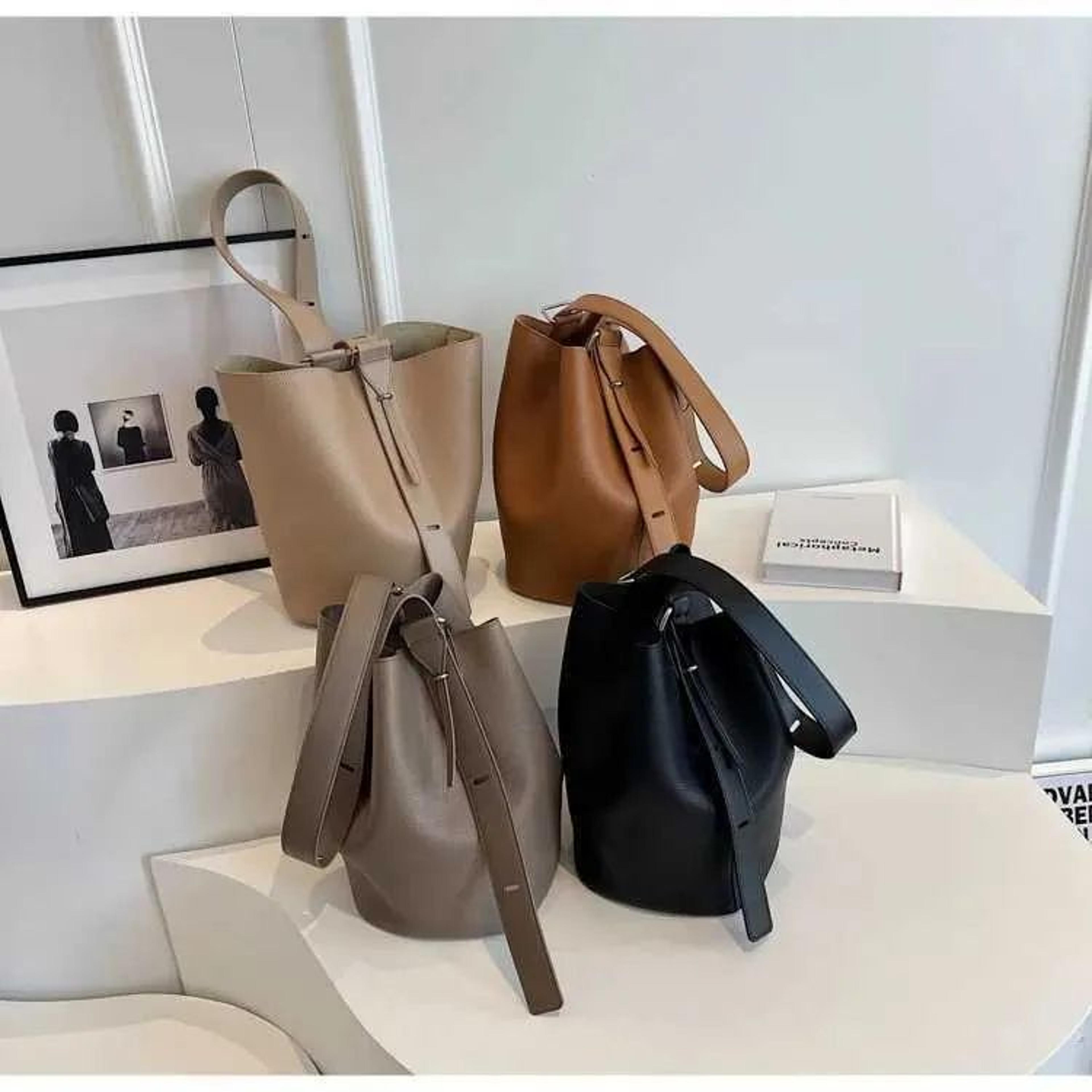 women's solid color bucket shoulder bag with adjustable crossbody strap